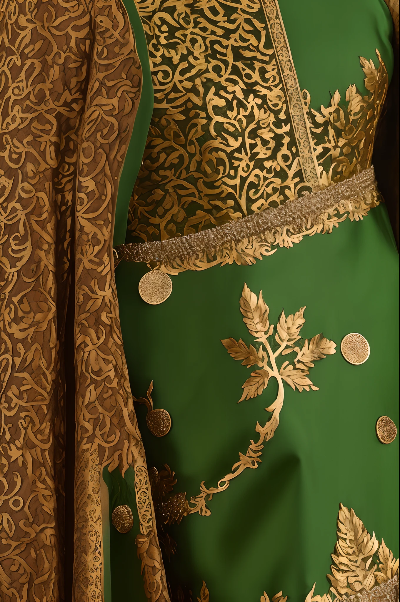 "Create a concept for an elegant women's evening gown featuring a functional bodice and a luxurious, long skirt made from satin and silk materials. Draw inspiration from the texture of date palm trees and the intricate patterns of Baluchistan's copperwork. The color palette should incorporate shades of brown, gold, and green, creating a garment that seamlessly blends fashion and architectural influences."