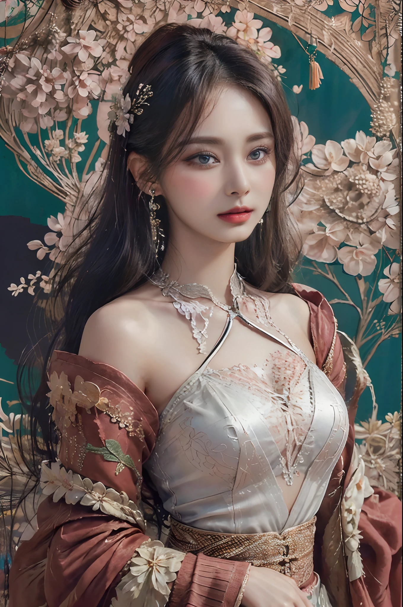 (masterpiece, top quality, best quality, official art, beautiful and aesthetic:1.2), (1girl:1.3), extremely detailed,(fractal art:1.1),(colorful:1.1)(flowers:1.3),highest detailed,(zentangle:1.2), (dynamic pose), (abstract background:1.3), (chinese Traditional cloth:1.2), (shiny skin), (many colors:1.4), ,(earrings:1.4),