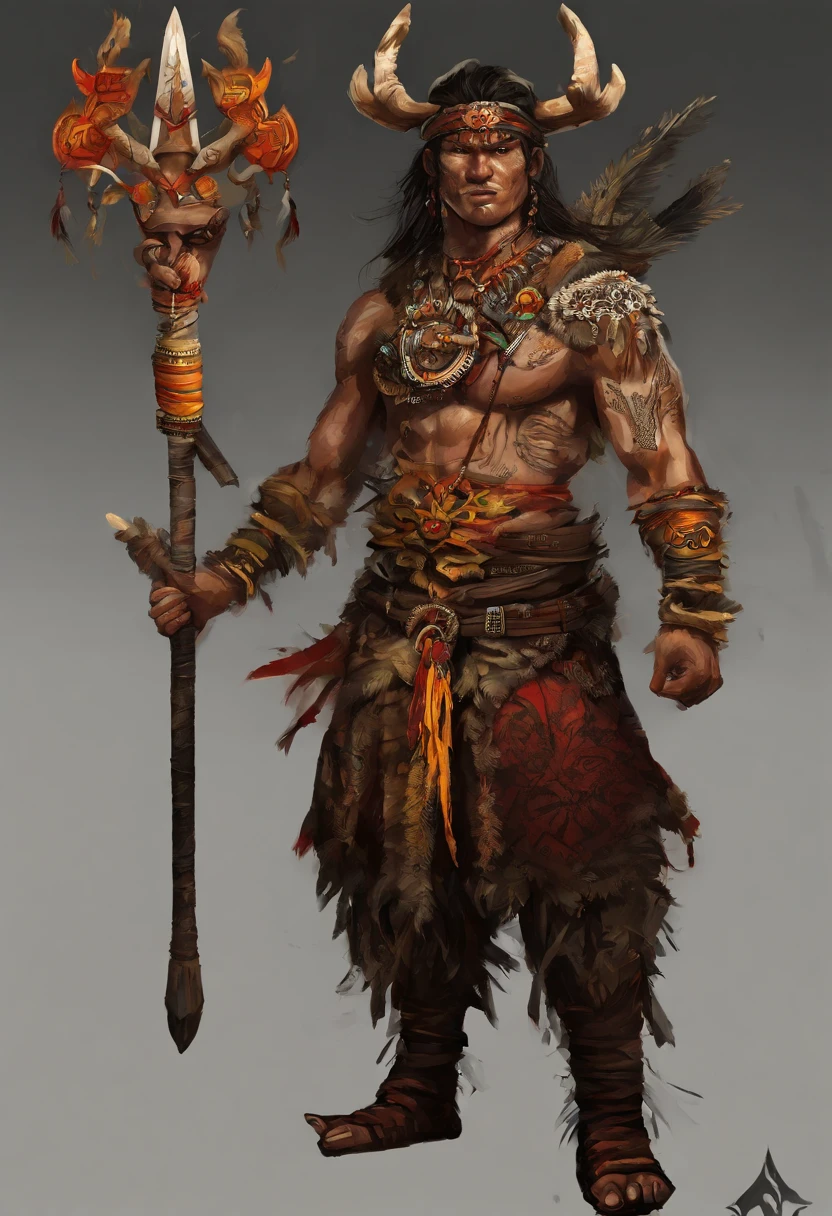 One wears antlers，Young leader of male Asian men holding sticks, Yellow people，Three-dimensional facial features，Clear eyes，There is a totem on the face，Rough skin texture，Wear jade ornaments around the waist，Cloth shoes on their feet，fantasy character concept, complex fantasy character, heroic fantasy character concept, rpg concept art character, full body concept, character posing for concept art, rpg character concept art, senior concept artist, detailed full-body concept, Fantasy character design, dark fantasy character design, concept art character, spirit fantasy concept art