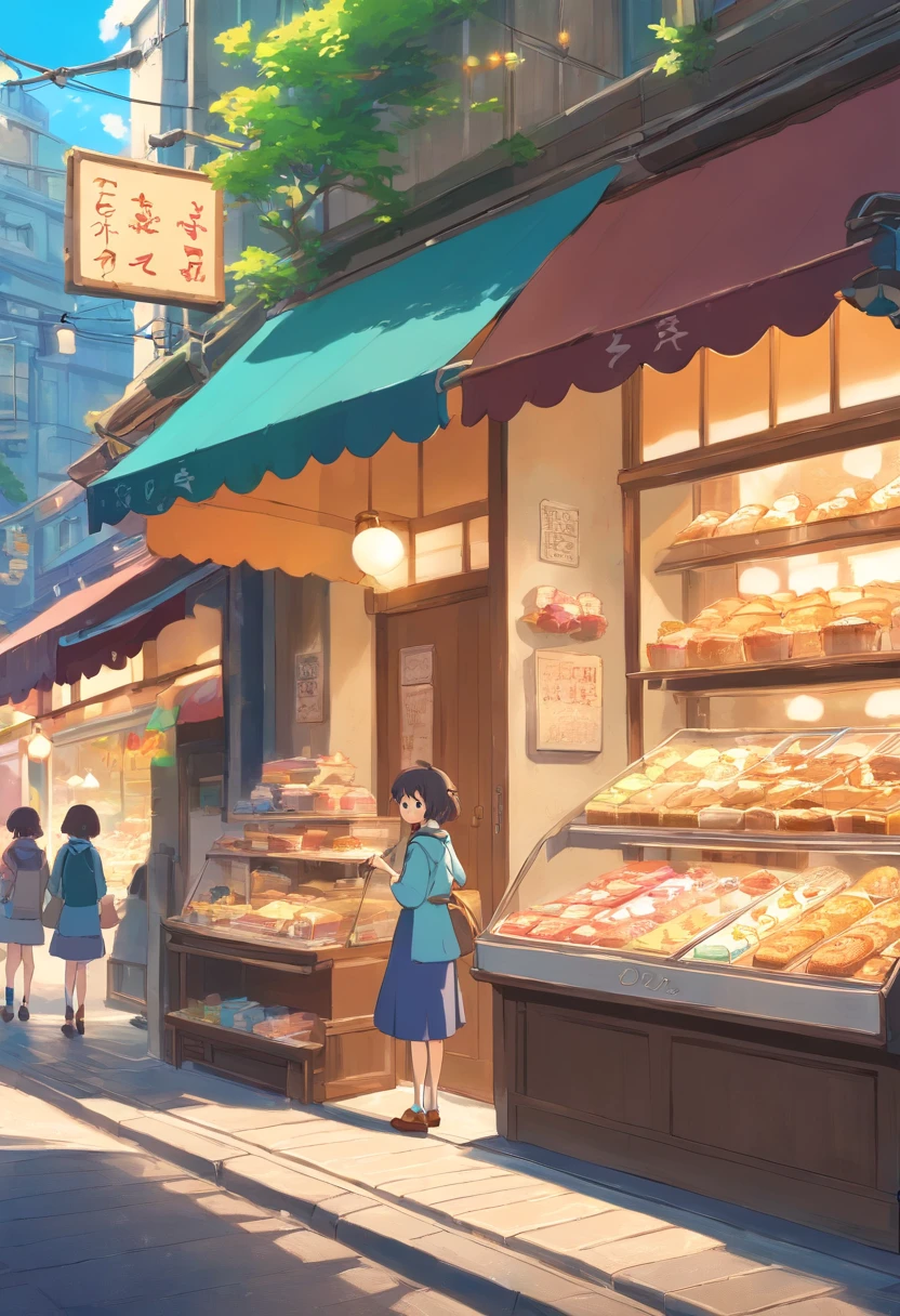 Anime - City street style scenes, Woman waiting in front of shop, Anime Background Art, detailed scenery - width 672, Anime landscape concept art, anime style cityscape, STUDIO GHIBLI anime style, studio ghibli artstyle, Studio Ghibli Program, Anime landscapes, studio ghibli artstyle, landscape artwork, beautiful anime landscape, Forest City Street, ghibli art style, Cake shop, Cake shop, Bakery Cake Shop, Shinkai Makoto style, Makoto Shinkai Anime, makoto shinkai art style