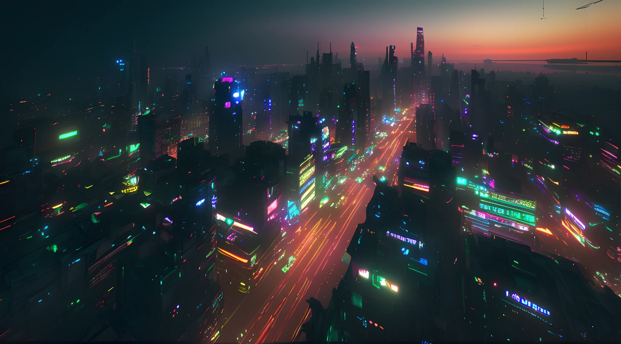 arafed view of a city at night with a lot of lights, 3 d render beeple, beeple rendering, cinematic beeple, beeple |, beeple. hyperrealism, hyper realistic cyberpunk city, beeple. octane render, artem demura beeple, realism | beeple, beeple global illumination