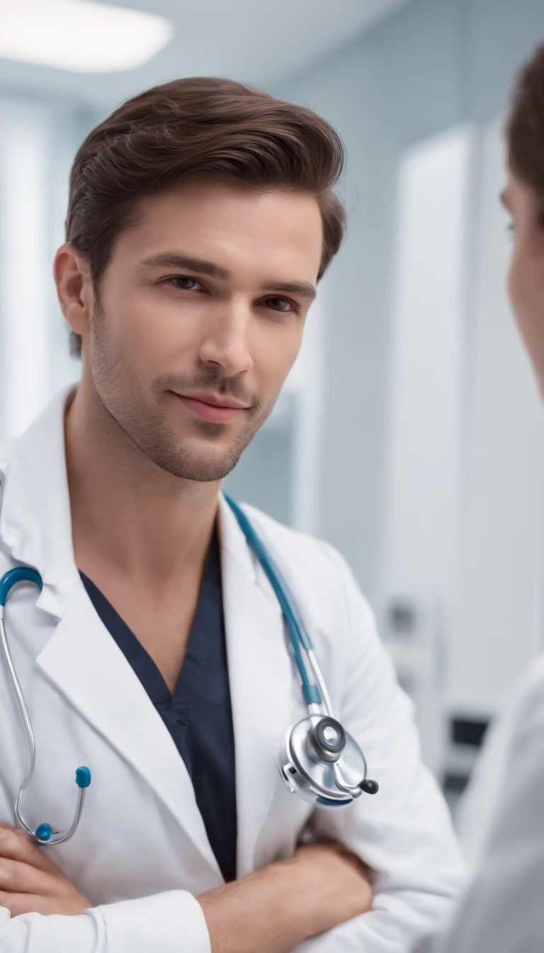 (Professional 3D rendering:1.3) de (Realistic:1.3) Foto de arte mais bonita do mundo, Apresenta um homem negro em um hospital como paciente, The white doctor in the background,
