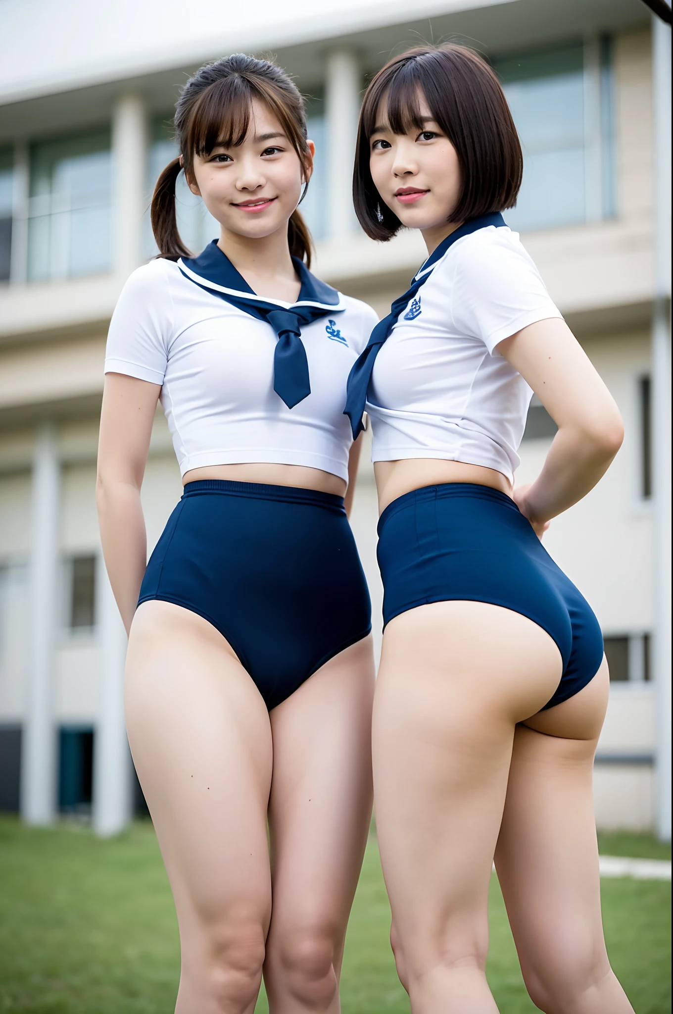 2 girls standing in school ground,speedo-style navy blue briefs without logo,white school shirt,18-year-old,bangs,a little smile,thighs,crotch,knees,short cut hair,poneytail,from below