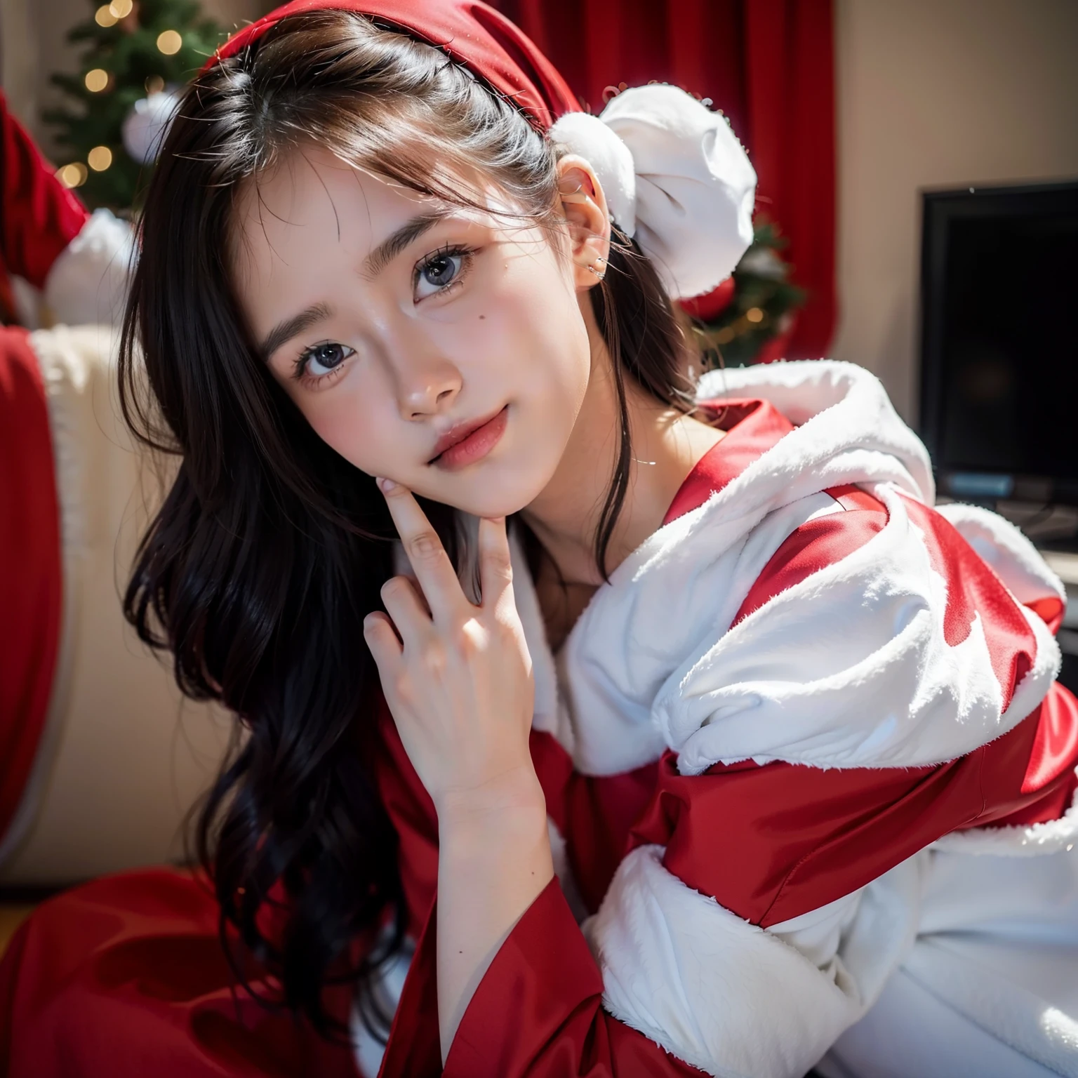 (One girl:1.5)、15yo student、a beauty girl、Christmas Costumes、Santa Claus Costume、kawaii、HDTV、hiquality、Super beautiful、Super masterpiece、Beautiful skin、perfect hand、Perfect fingers、8K、A slight smil、Super beautiful、8k、realisitic、HDTV、proffesional、HDR、top-quality、Super masterpiece、