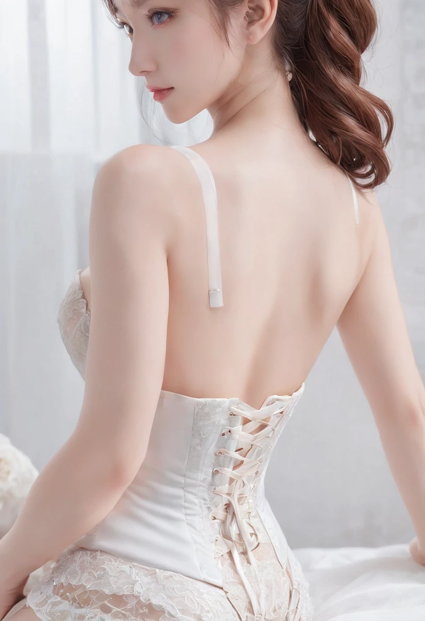 (((NSFW)))、18year old、Crawling on all fours on the bed with the buttocks sticking out、((Detailed、top-quality、8K、masterpiece:1.3))、1girl in、(Brown hair:1.2)、(Casual Hairstyles、Small breasts:1.2)、(((Rococo Room)))、Super Detailed Face、detailedeyes、二重まぶた、(gothic lorita:1.2)、(White Tight Corset:1.2)、natta、((back-view))、doggy style、posterior view、けもの、frombelow、Back Style