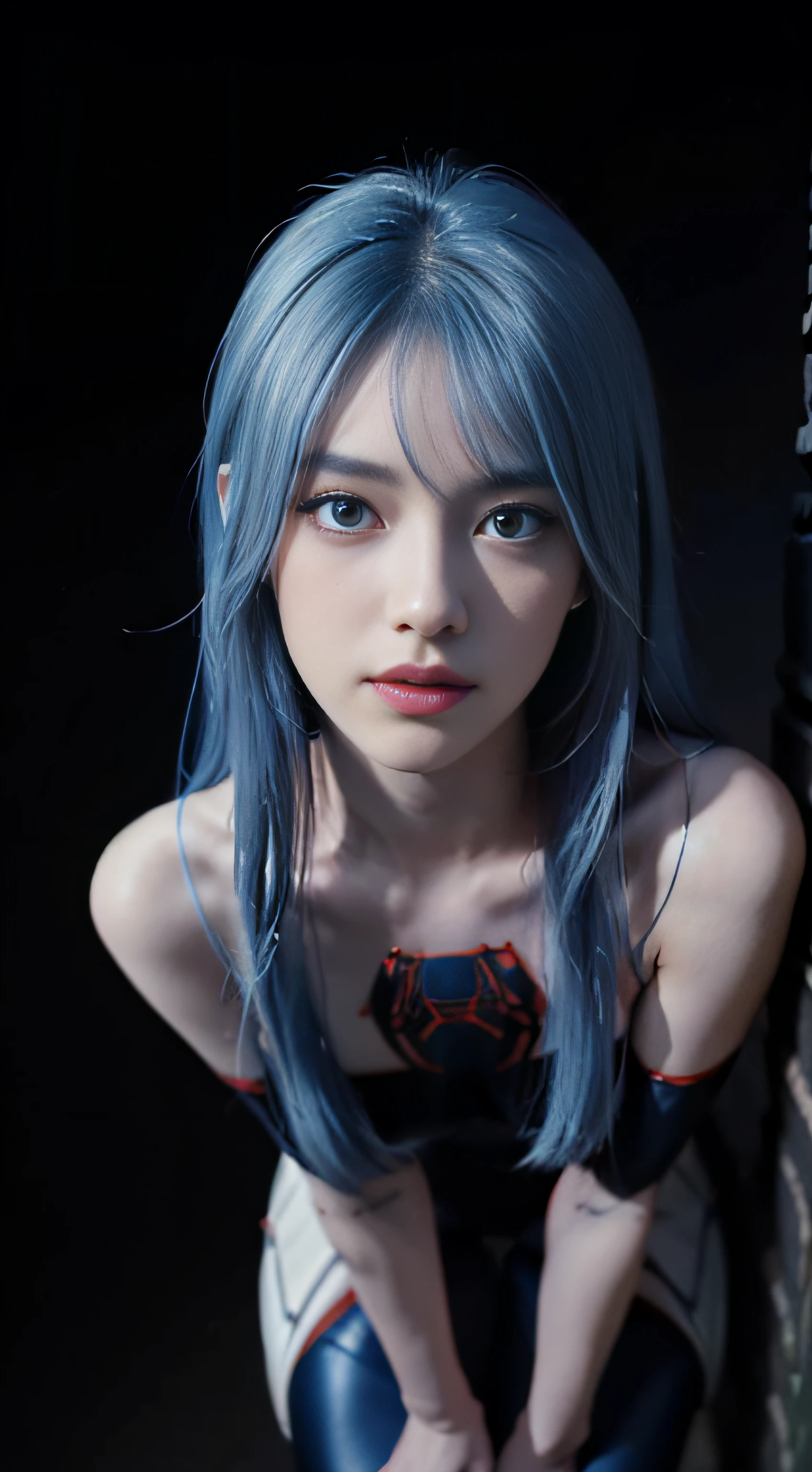 8K, Top Quality, Intricate Details, Ultra Detail, Ultra High Resolution, Masterpiece, view from above, Slender, Smile, (Makeup: 0.4), (Fluffy Blue Eyes: 1.21), blue Eyes, looking at viewer, ((full body)), 1girl, solo, 1 girl, (()), detail nipple, ((hard nipple )), feminine and sexy posture, ((tall)), (((fit body))), (((slim face))), sharp face, sharp eyes, (((sky blue hair, long hair, side bangs)) (detailed face), sharp face, small lips half open strawberry lips, pureerosfaceace_v1,
((black spiderman suit)), detailed face, detailed breast, Beautiful girl with accentuated slender abs: 1.4, Six Pack Abs: 1.4, Bust Botox, Big, Perfect Body, detail leg, (Dark Night Background: 1.2)
