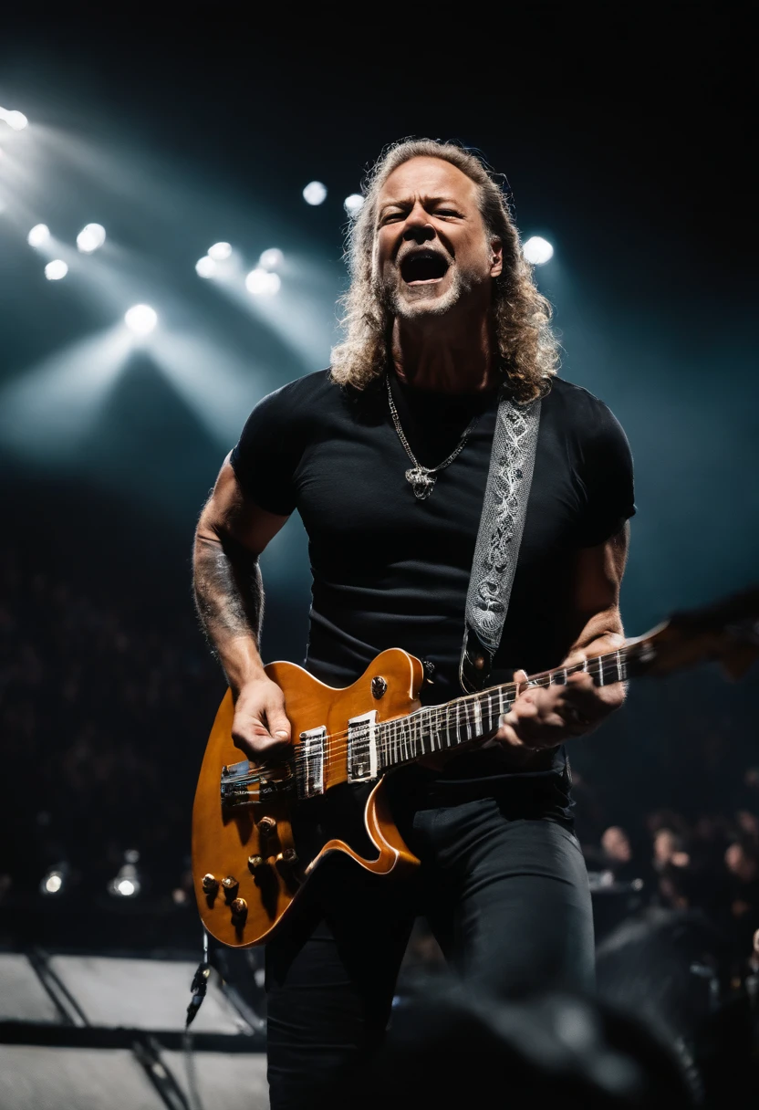 Foto realista do show da banda metallica em um estadio na perspectiva de uma pessoa assistindo, ultra realista, ambiente escuro e psicodelico, emocionante, cores vibrantes.