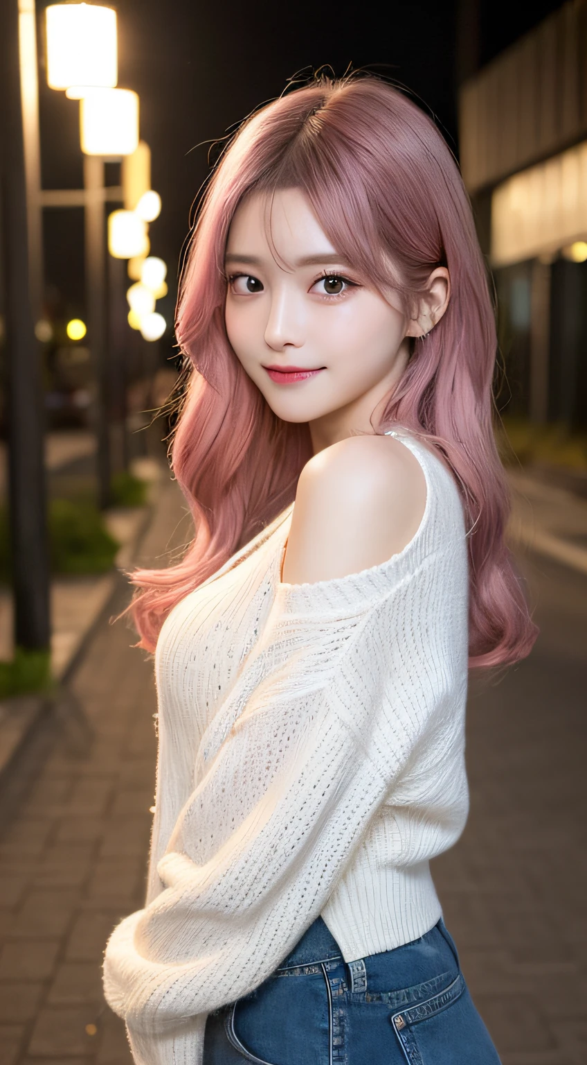 (Best Quality Detail)、realisitic、8K UHD、hight resolution、(1girl in:1.2)、(Pink hair), The ultra-detailliert、High quality textures、intricate detailes、ultra-detailliert、Very detailed CG、High quality shadows、Detail Beautiful delicate face、Detail Beautiful delicate eyes、depth of fields、Ray traching、in her 20s、Pretty Kpop Girl、(Korean Urzan Face)、Slender face、(ulzzang -6500-v1.1:0.6)、pureerosface_v1、gloweyes、perfectbody、 look at viewr、(Best Quality Detail:1.2)、realisitic、8K UHD、hight resolution、(1girl in:1.2)、The ultra-detailliert、High quality textures、intricate detailes、teak、Glossy lips,(Delicate and best smile)、high-level image quality, The highest image quality, top-quality, Photorealsitic, 4K 8K UHD Full Color RAW Photos, Fuji Film(Medium format), Hasselblad, Carl zeiss, (Knee shot)、hight resolution, High pixel count, clear details, crisp image, Natural color reproduction, Noise Reduction, High fidelity, qulity, Optimized algorithms, Pro-level retouching,(Pink hair),  (Long)、(Layered Hair Style), Description beautiful delicate hair、White cardigan、Moe Sleeve、Denim Damaged Jeans、Street at night、neons、(Delicate and best smile),