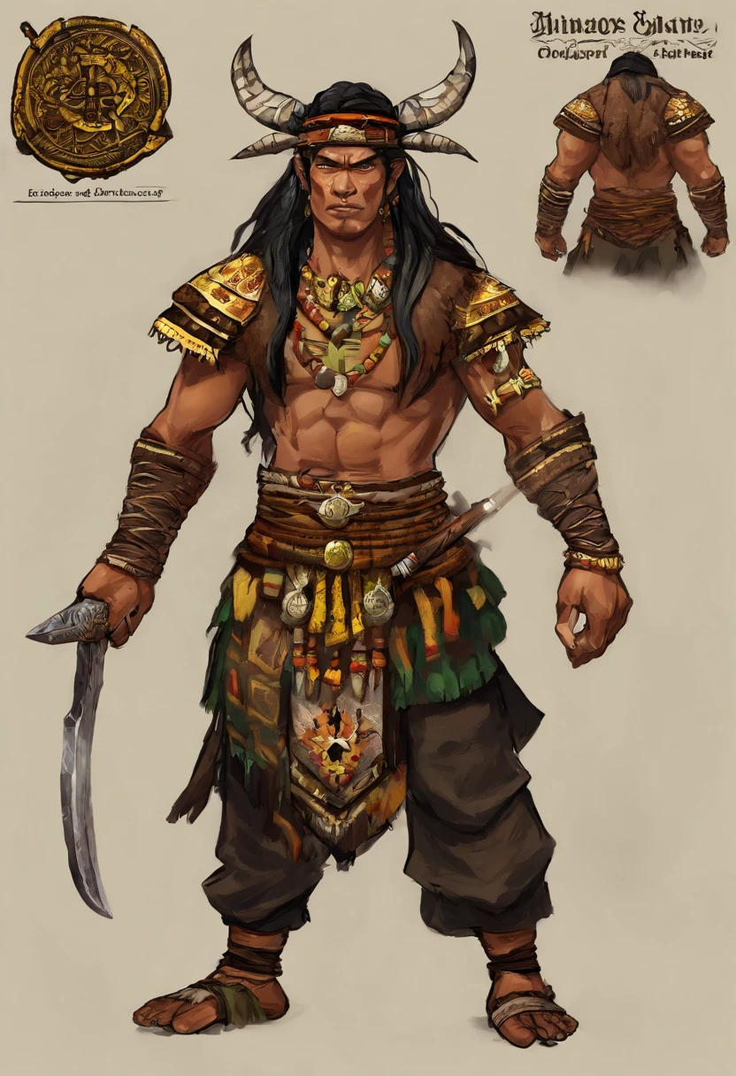 One wears antlers,Young Asian male leader with wooden gun, Yellow people,Clear facial features,There is a totem on the face,Rough skin texture,Wear jade ornaments around the waist,Cloth shoes on their feet,fantasy character concept, complex fantasy character, heroic fantasy character concept, rpg concept art character, full body concept, character posing for concept art, rpg character concept art, senior concept artist, detailed full-body concept, Fantasy character design, dark fantasy character design, concept art character, spirit fantasy concept art