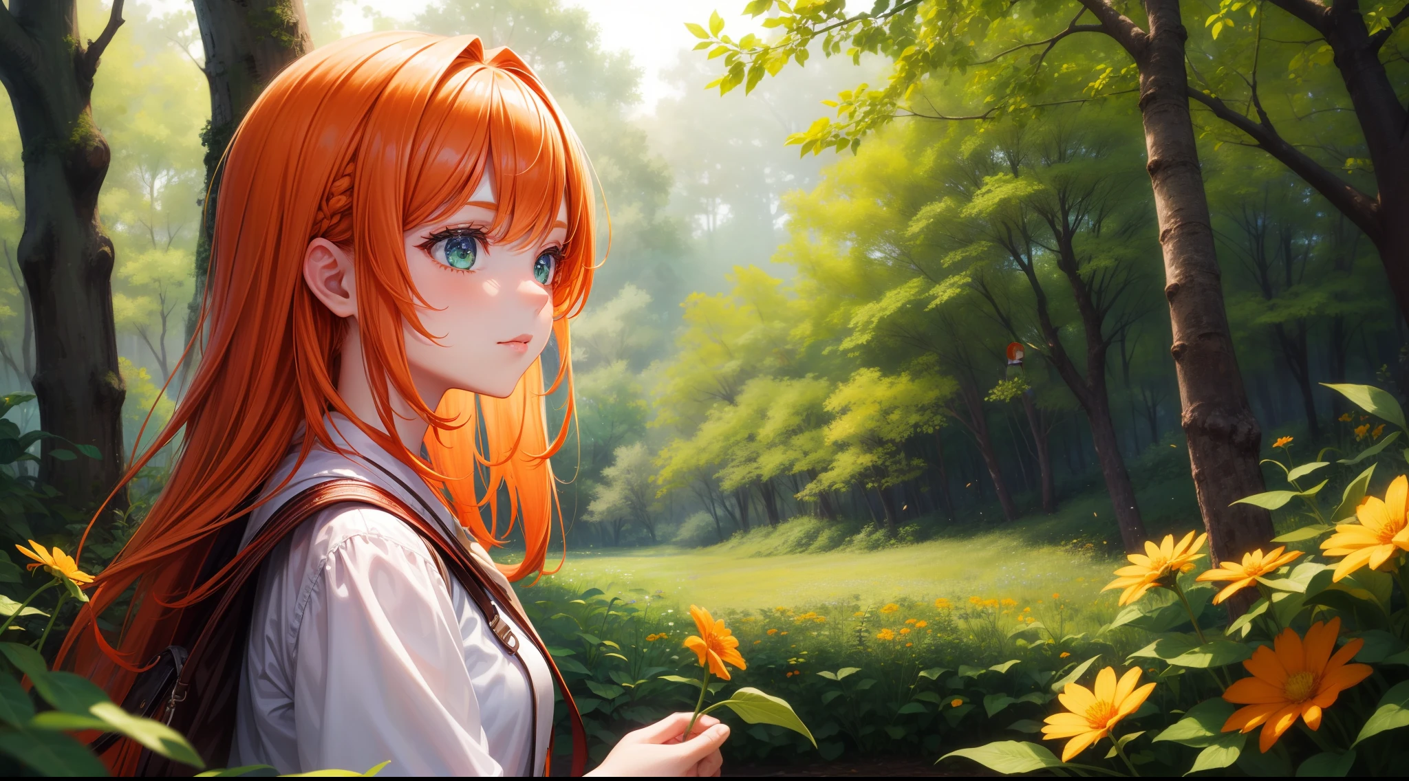 a girl picking flowers in the forest, orange hair color, green eye color.