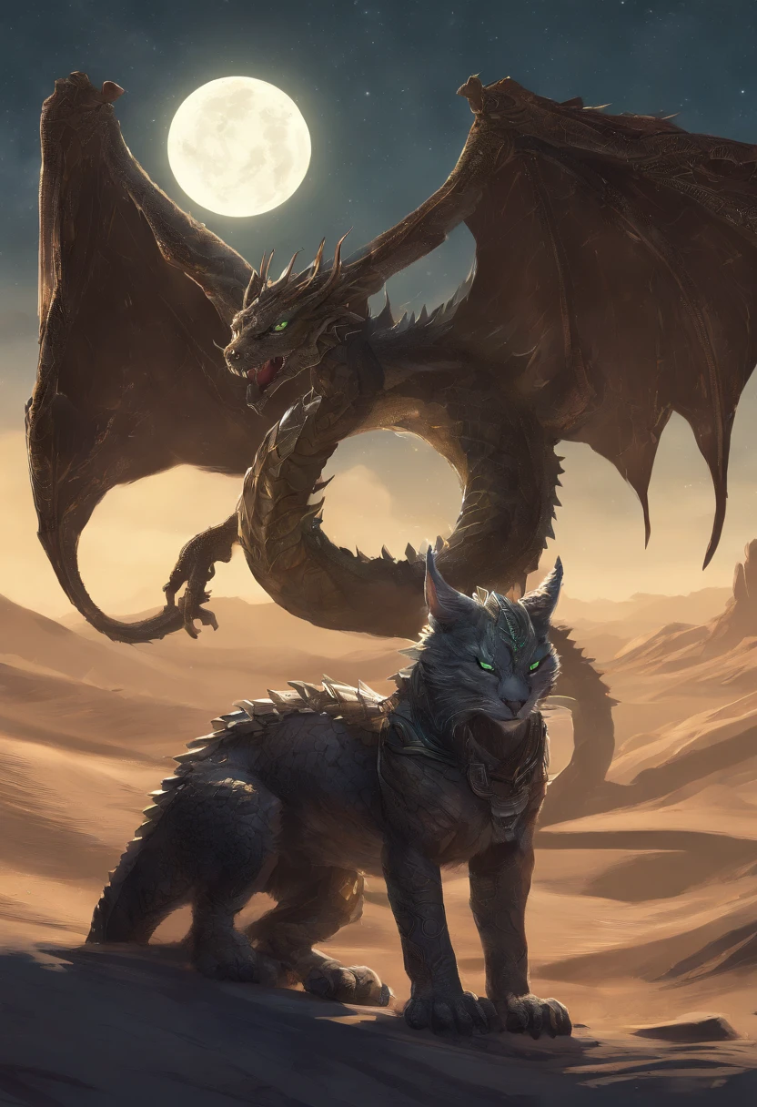 best quality,4k,8k,highres,masterpiece:1.2,ultra-detailed,(realistic,photorealistic,photo-realistic:1.37),HDR,studio lighting,ultra-fine painting,sharp focus,physically-based rendering,extreme detail description,professional,vivid colors,bokeh,portraits
A gray Khajiit with green eyes, in a moment of contemplation, on the sand dunes of the desert, under a crescent moon in the night sky and a dragon by his side. The Khajiit's fur is detailed and has a realistic texture, with every strand clearly visible. The muscles on the Khajiit's body are well defined, showcasing its strength and agility. Its green eyes are vibrant and captivating, reflecting the mysterious nature of this creature.
The sand dunes stretch as far as the eye can see, with delicate ripples and patterns. The sand has a golden hue, shimmering in the moonlight, giving the scene a warm and inviting atmosphere. The crescent moon hangs low in the sky, casting a soft glow over the dunes, creating beautiful highlights and shadows.
In the distance, a dragon can be seen standing tall, its scales glistening in the moonlight. The dragon's magnificent wings are spread open, ready to take flight. With sharp, detailed scales and intricate patterns, the dragon adds a touch of awe and majesty to the scene.
The Khajiit stands still, his gaze fixed on the horizon. His expression is one of deep contemplation, as if he is lost in his own thoughts. The combination of the peaceful desert, the enchanting moon, and the majestic dragon evokes a sense of wonder