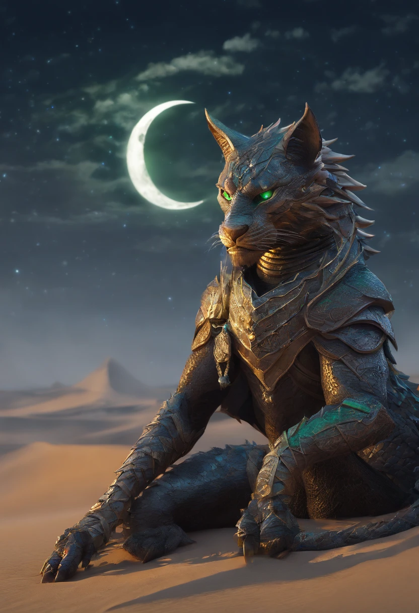 best quality,4k,8k,highres,masterpiece:1.2,ultra-detailed,(realistic,photorealistic,photo-realistic:1.37),HDR,studio lighting,ultra-fine painting,sharp focus,physically-based rendering,extreme detail description,professional,vivid colors,bokeh,portraits

A gray Khajiit with green eyes, in a moment of contemplation, on the sand dunes of the desert, under a crescent moon in the night sky and a dragon by his side. The Khajiit's fur is detailed and has a realistic texture, with every strand clearly visible. The muscles on the Khajiit's body are well defined, showcasing its strength and agility. Its green eyes are vibrant and captivating, reflecting the mysterious nature of this creature.

The sand dunes stretch as far as the eye can see, with delicate ripples and patterns. The sand has a golden hue, shimmering in the moonlight, giving the scene a warm and inviting atmosphere. The crescent moon hangs low in the sky, casting a soft glow over the dunes, creating beautiful highlights and shadows.

In the distance, a dragon can be seen standing tall, its scales glistening in the moonlight. The dragon's magnificent wings are spread open, ready to take flight. With sharp, detailed scales and intricate patterns, the dragon adds a touch of awe and majesty to the scene.

The Khajiit stands still, his gaze fixed on the horizon. His expression is one of deep contemplation, as if he is lost in his own thoughts. The combination of the peaceful desert, the enchanting moon, and the majestic dragon evokes a sense of wonder