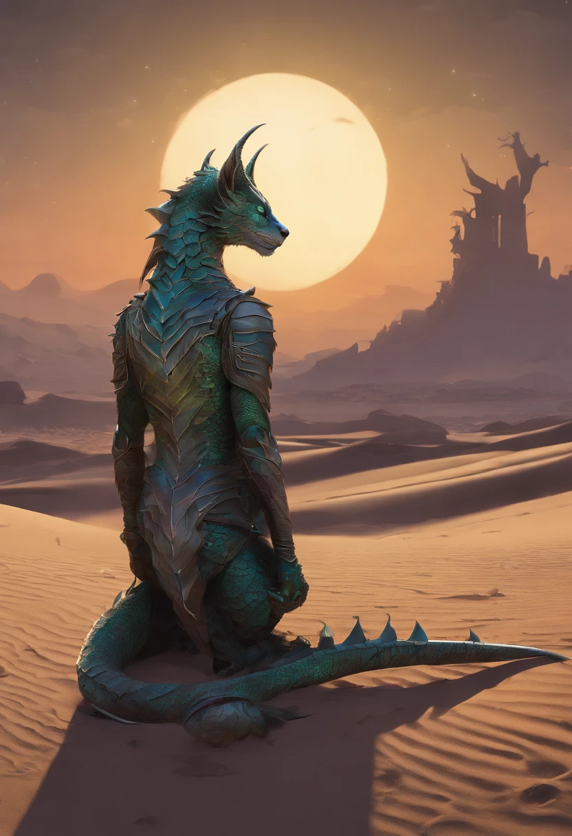best quality,4k,8k,highres,masterpiece:1.2,ultra-detailed,(realistic,photorealistic,photo-realistic:1.37),HDR,studio lighting,ultra-fine painting,sharp focus,physically-based rendering,extreme detail description,professional,vivid colors,bokeh,portraits
A gray Khajiit with green eyes, in a moment of contemplation, on the sand dunes of the desert, under a crescent moon in the night sky and a dragon by his side. The Khajiit's fur is detailed and has a realistic texture, with every strand clearly visible. The muscles on the Khajiit's body are well defined, showcasing its strength and agility. Its green eyes are vibrant and captivating, reflecting the mysterious nature of this creature.
The sand dunes stretch as far as the eye can see, with delicate ripples and patterns. The sand has a golden hue, shimmering in the moonlight, giving the scene a warm and inviting atmosphere. The crescent moon hangs low in the sky, casting a soft glow over the dunes, creating beautiful highlights and shadows.
In the distance, a dragon can be seen standing tall, its scales glistening in the moonlight. The dragon's magnificent wings are spread open, ready to take flight. With sharp, detailed scales and intricate patterns, the dragon adds a touch of awe and majesty to the scene.
The Khajiit stands still, his gaze fixed on the horizon. His expression is one of deep contemplation, as if he is lost in his own thoughts. The combination of the peaceful desert, the enchanting moon, and the majestic dragon evokes a sense of wonder