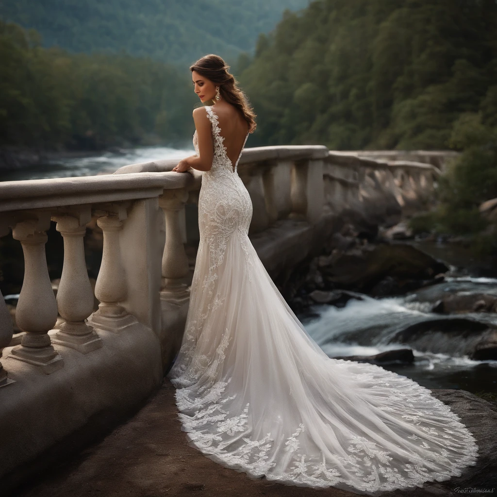 A vision of ethereal beauty, the wedding dress glimmers with delicate lace and shimmering sequins. The flowing train cascades behind, like a river of pure white. A symbol of love, hope, and the promise of forever.
—c 10 —ar 2:3