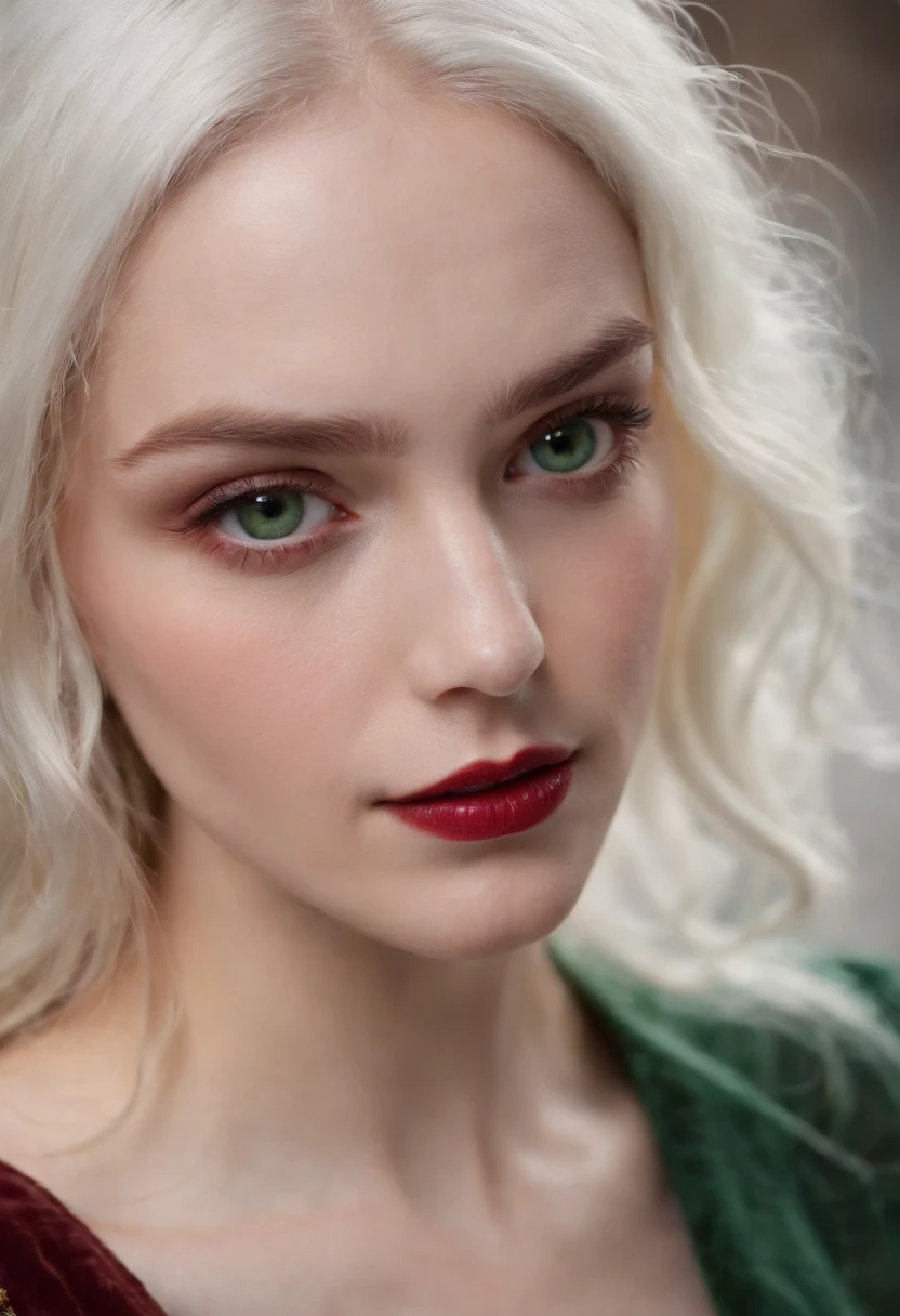 (((a deep reddish wound crosses her left cheek))) fair complexion, woman around 19 years old, natural white hair, distinctive green eyes, wearing kohl, slender and graceful, beautiful, candlelight in a medieval setting, ultra sharp focus, realistic shot, medieval female clothes, tetradic colors (scar:1.4)