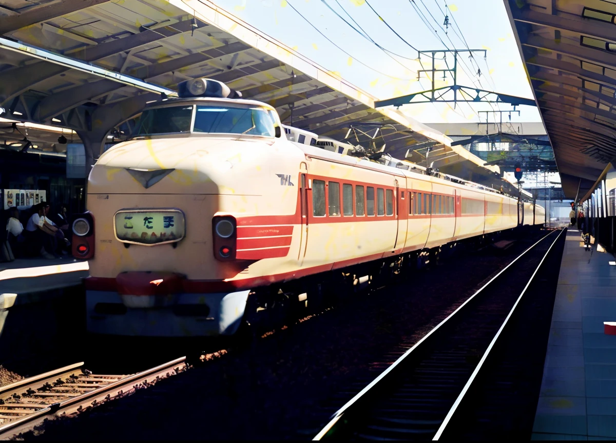 There is a train that rides into the station with people on the platform, けもの, bullet train, Supersonic trains and passengers, fuji pro 400h, jr sc maglev, vintage footage on tokyo streets, by Yokoyama Taikan, high-speed rail, fujicolor photo, Inspired by Yokoyama Taikan, trein