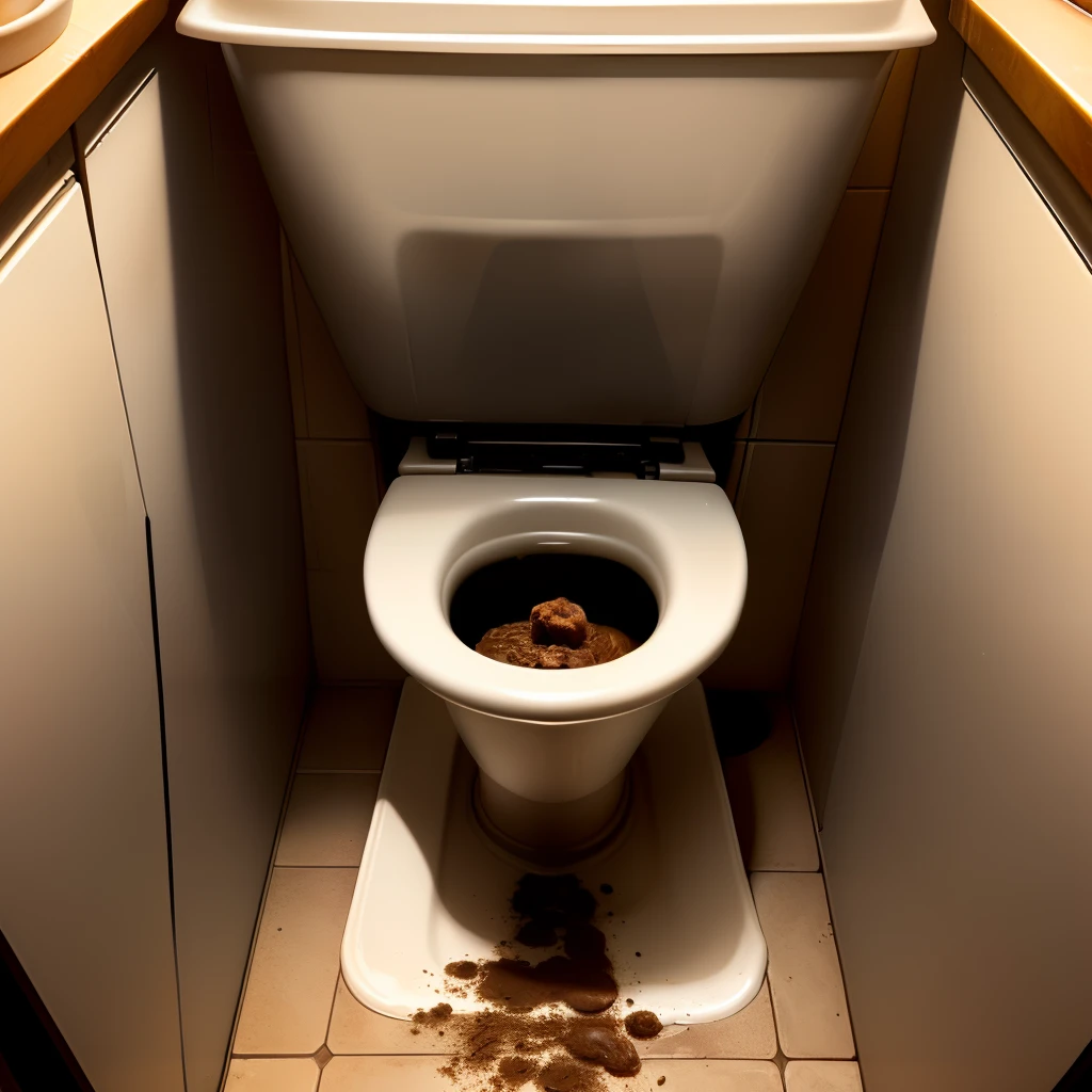 White toilet bowl burst due to diarrhea, with the lid open, stained with fecal matter, floor with fecal matter, in a toilet with light yellow tiles also stained with fecal matter all over the walls, gloomy atmosphere, photographic quality 