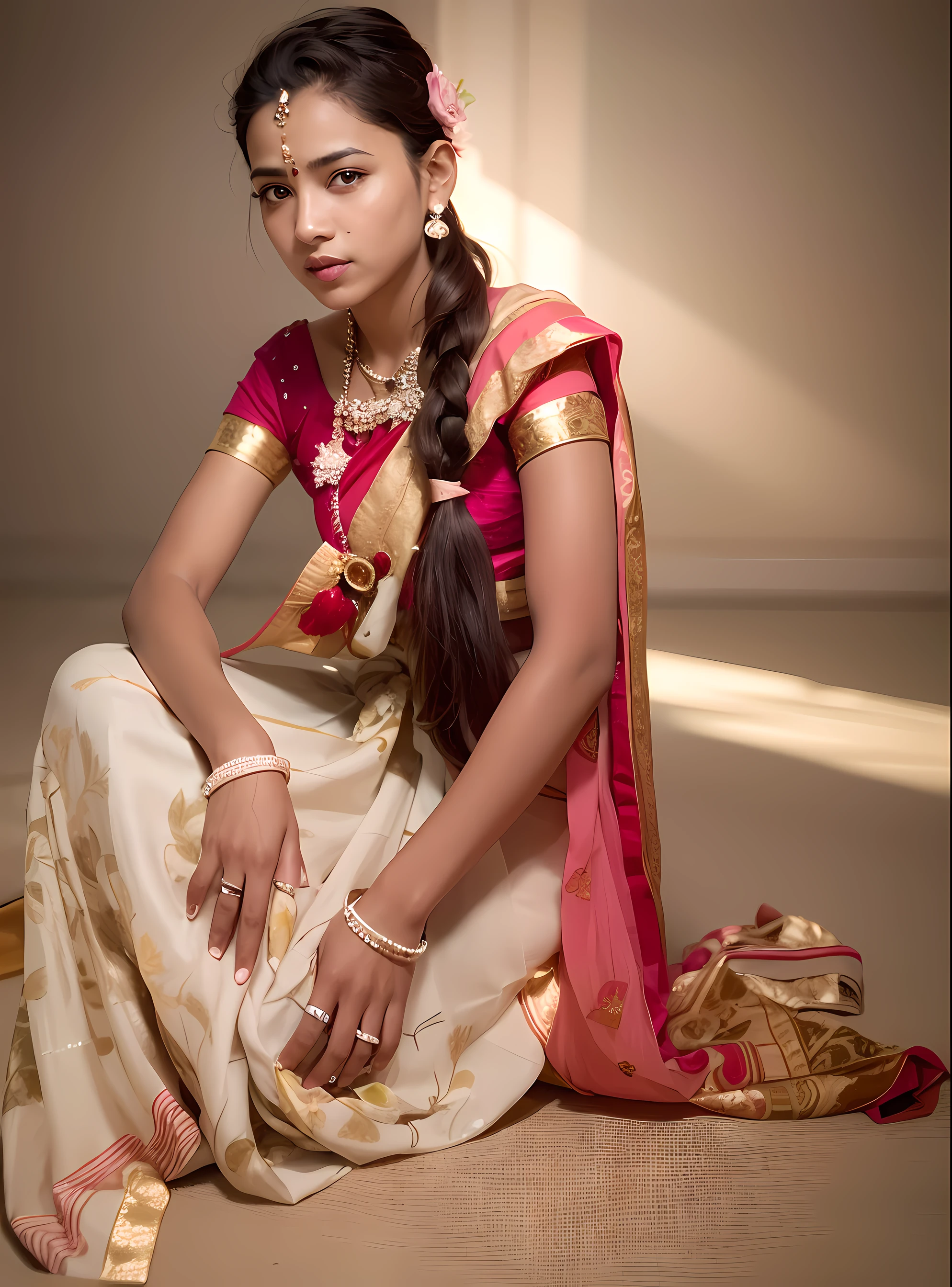 a close up of a woman in a pink sari sitting on a floor, traditional beauty, very beautiful enga style, young girl, indian, indian girl with brown skin, young female, indian style, innocent look. rich vivid colors, potrait, a beautiful young woman, dressed in a sari, young woman, beautiful pretty young, woman model, very beautiful girl