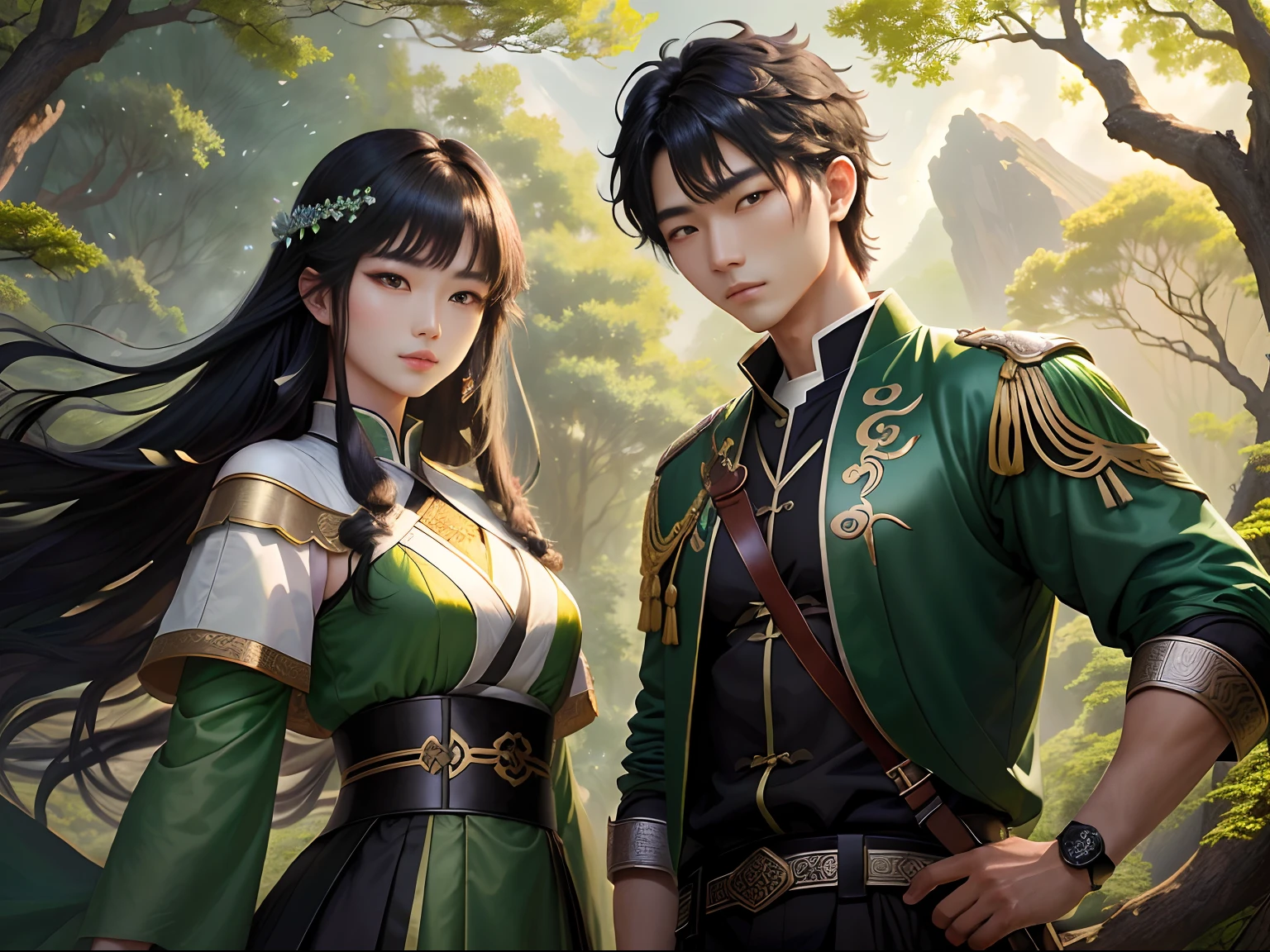 Ancient oriental male mistery green manly sword cloud tree real romantic hero pose blackhair fire kumon Yu in the forest with beautiful Korean girl