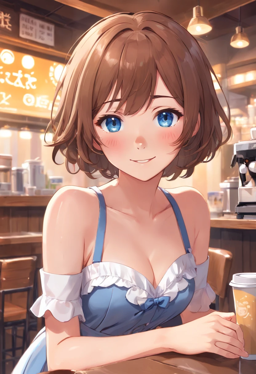 ((masterpiece)), ((best quality)), (ultra-detailed), ,cowboy shot, cafe,a cute girl, solo, ((beautiful eyes)), smile, cleavage,((1girl, bob cut ,brown hair, blue-gray eyes, small boobs, small breasts,a little extra weight, big thighs, big hips, big ass, young, fair skin, pale skin, freckles, wavy hair, cafe outfit)),((nice hands)),((uncensored, blush,looking at viewer,white stockings,solo focus,maid outfit,winks,lifts her skirt),(nsfw),((winks.wink)), ((spoken heart))