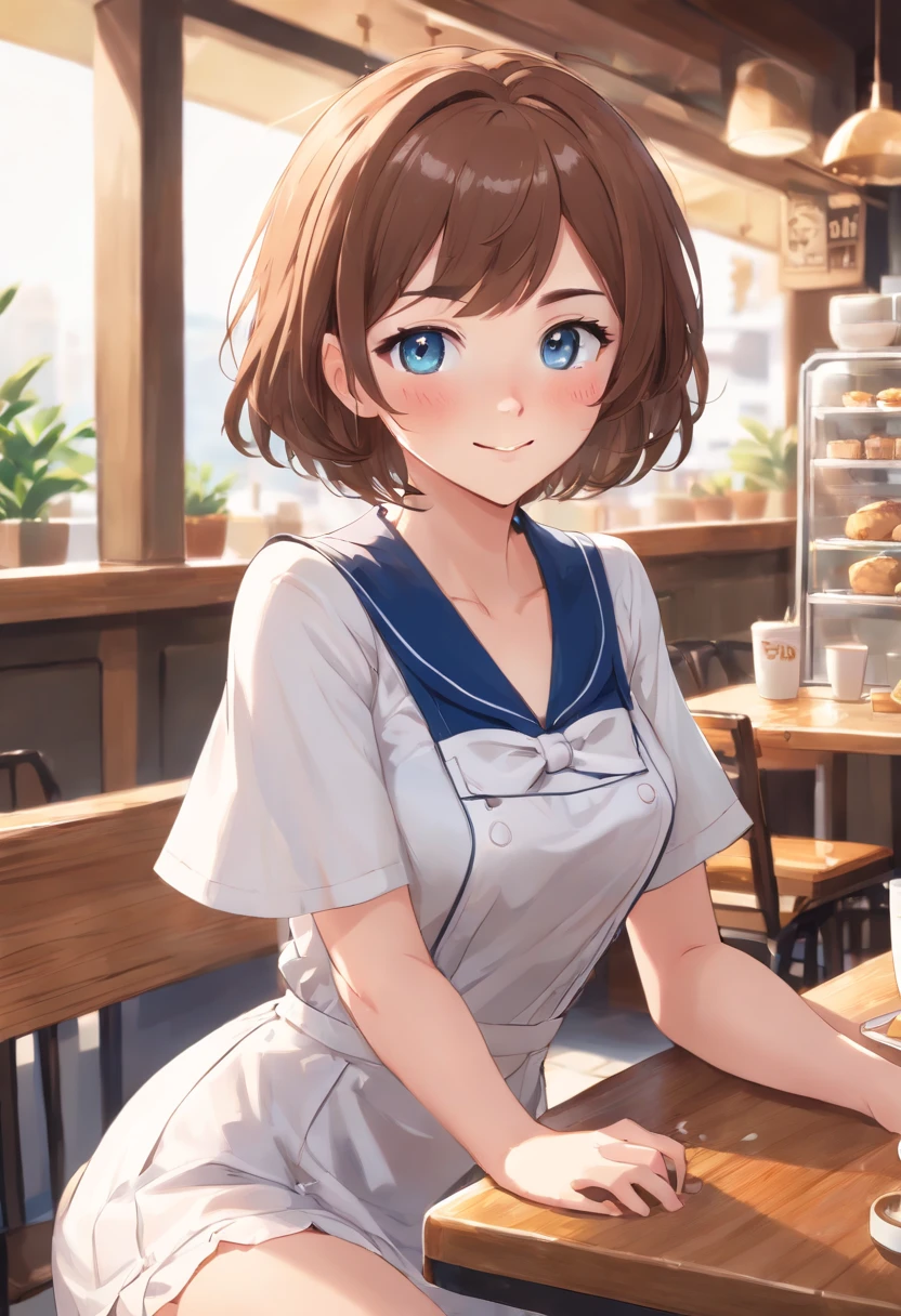 ((masterpiece)), ((best quality)), (ultra-detailed), ,cowboy shot, cafe,a cute girl, solo, ((beautiful eyes)), smile, cleavage,((1girl, bob cut ,brown hair, blue-gray eyes, small boobs, small breasts,a little extra weight, big thighs, big hips, big ass, young, fair skin, pale skin, freckles, wavy hair, cafe outfit)),((nice hands)),((uncensored, blush,looking at viewer,white stockings,solo focus,maid outfit,winks,lifts her skirt),(nsfw),((winks.wink)), ((spoken heart))
