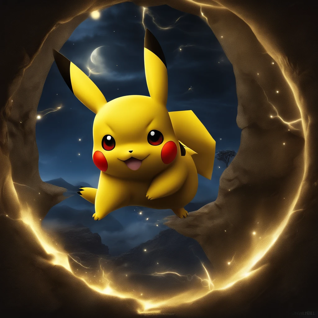 Pikachu as the theme,Best quality, Masterpiece, 超高分辨率, (photograph realistic:1.4), surrealism, Dream-like,fusionart, Shadowdancer, shadow magic, darkness control, stealth, shadowstep, umbral spells, hidden blade,