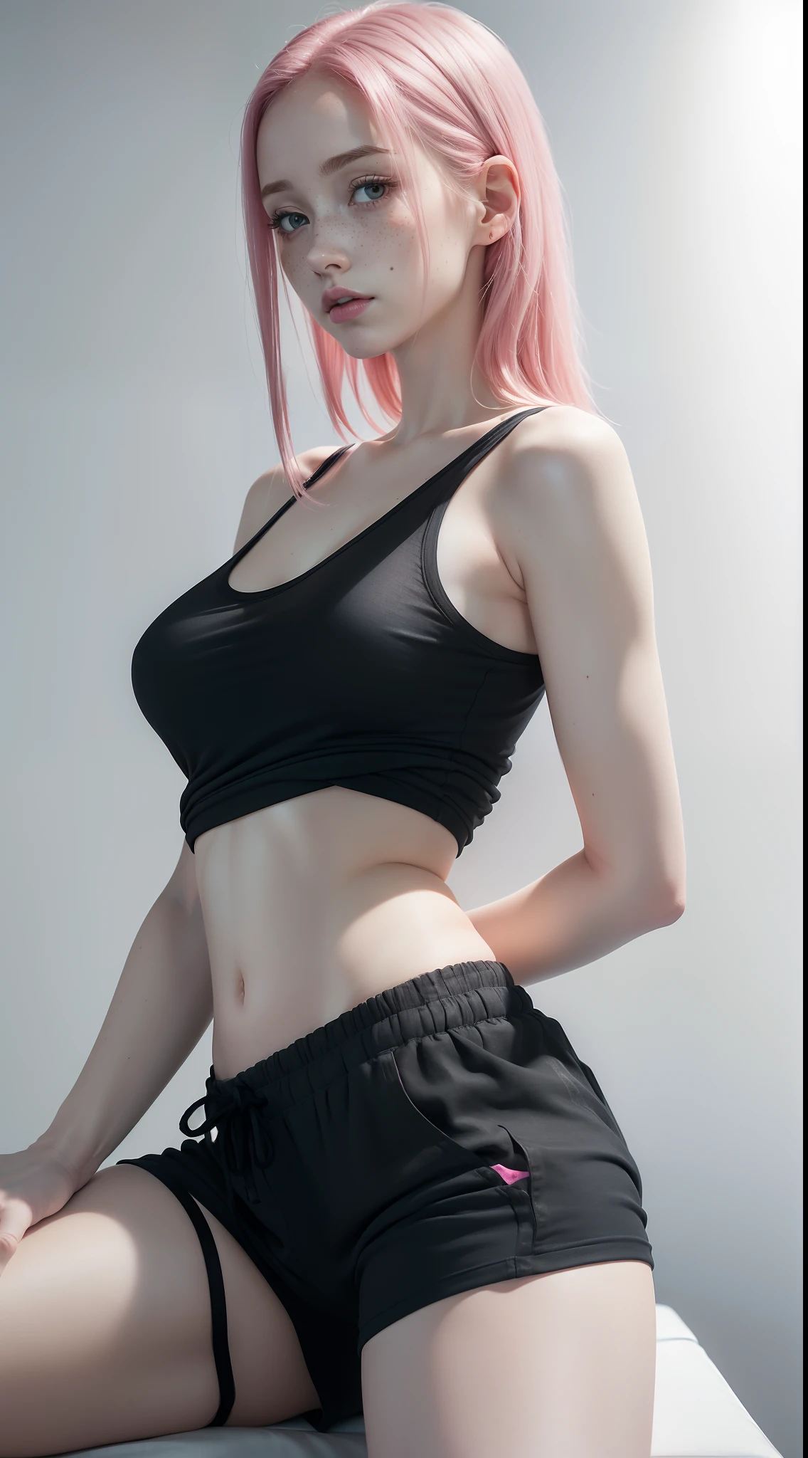 dynamic pose,sitting,side view,1girl,pale skin,pink hair,delicate face,freckles,shy,(baggy shirt,black linen gym shorts:1.3),(medium breast,wide thigh gap:1.3),(white background),(best quality:1.2,ultra-detailed,realistic:1.37),portrait,soft colors,polished lighting