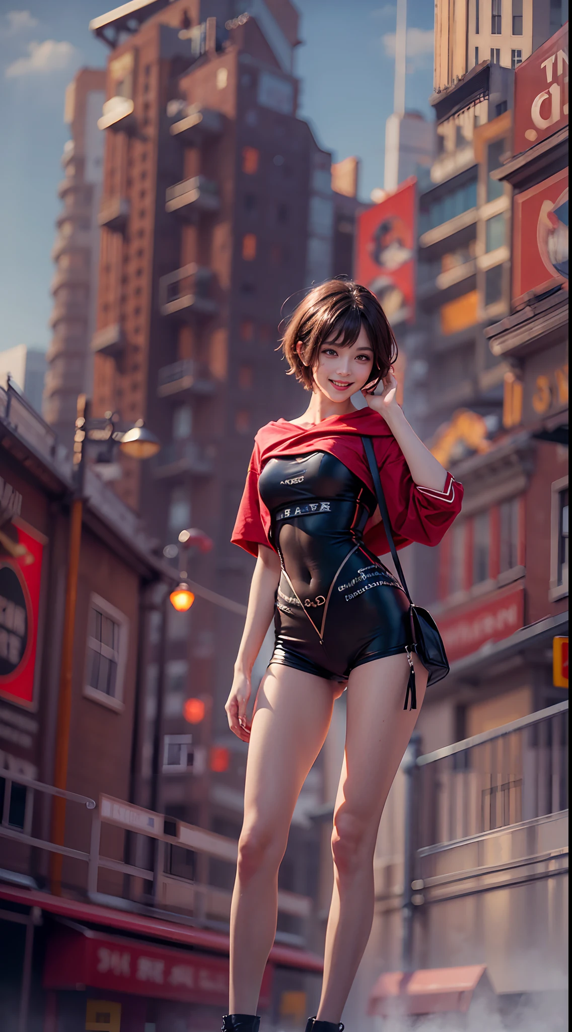 (The to the FW), 1womanl, 24 year old, 7headed body, (cute face), (Ideal ratio body proportions), Modern old cityscape, Underwear, Red muffler, Wet, Smiling smile, de pele branca, A slender, Dark hair, short-hair, beauty legs, Small buttocks, Skinny Legs, surrealism, Cinematic lighting, depth of fields, One-person viewpoint, F/1.8, 135 mm, nffsw, masutepiece, ccurate, Anatomically correct, Textured skin, Super Detail, high details, High quality, awardwinning, Best Quality, hight resolution, 8K