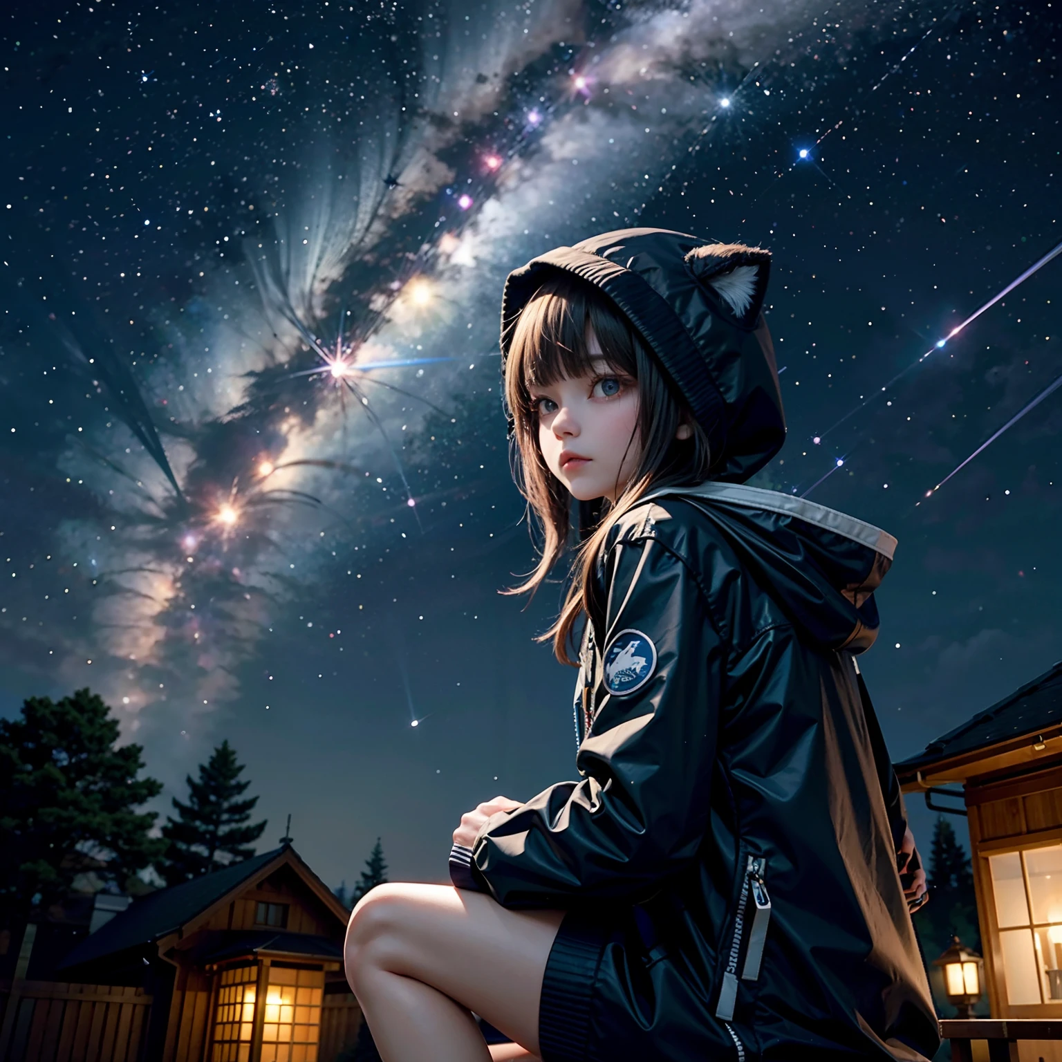 (​masterpiece)、(top-quality: 1.2)、absurderes、[:intricate-detail: 0.2]、 1 人、front-facing view、Aurora、A dark-haired、camera、camp fire、city light、constellation、crescent、planet earth_\(planetes\)、intergalactic, hoods, hood down, hooded jacket, lamp post, Particles of light, length hair, long-sleeve, milkyway, natta, nigh sky, outside of house, planetes, Power lines, shooting stars, sitting on, Skysky, skyscraper, yuki, snowfall, 独奏、crouching down、star_\(sky\)、starrysky、Starry Sky Print、telescopes、The tree、evening、Winters、catss、Write