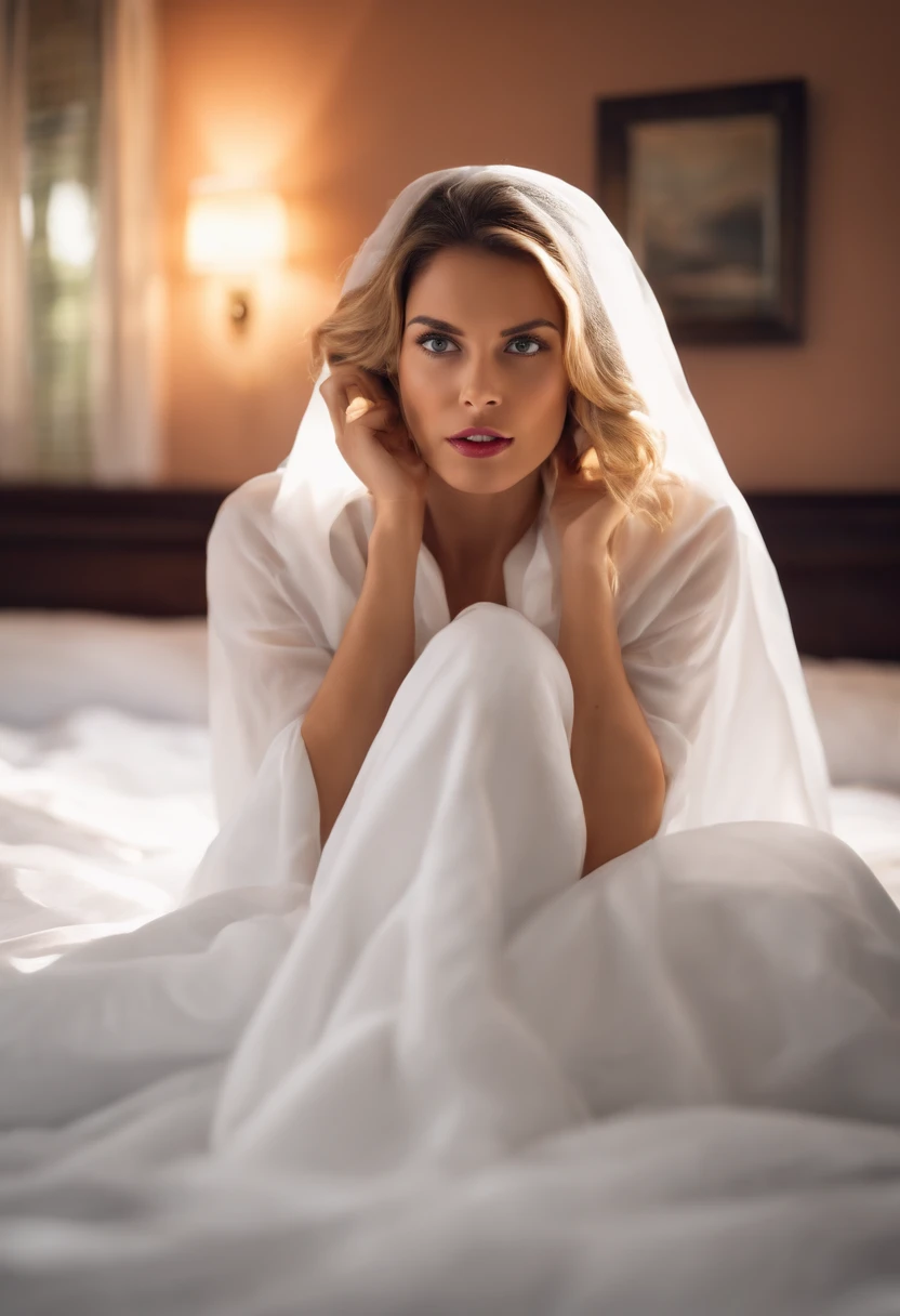 Solo woman (sitting on bed) with (surprised expression) and (hiding body) (white sheets)