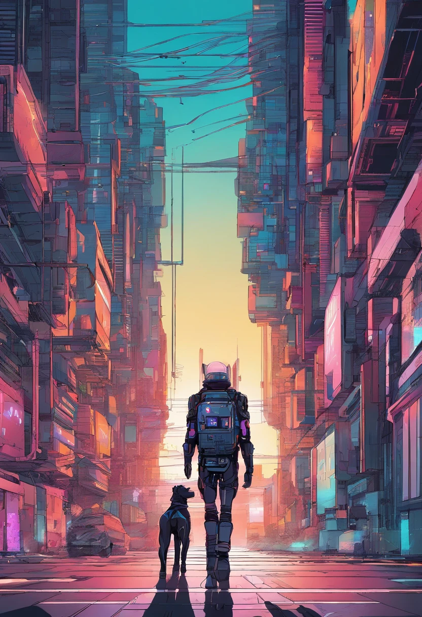 arafed robot walking a dog down a city street, cyberpunk art style, in cyberpunk style, has cyberpunk style, cyberpunk themed art, anime cyberpunk art, digital cyberpunk anime art, cyberpunk anime art, digital cyberpunk - anime art, cyberpunk streetwear, cyberpunk artstyle, style of cyberpunk, modern cyberpunk anime, cyberpunk style, cyberpunk art, cyberpunk street goon