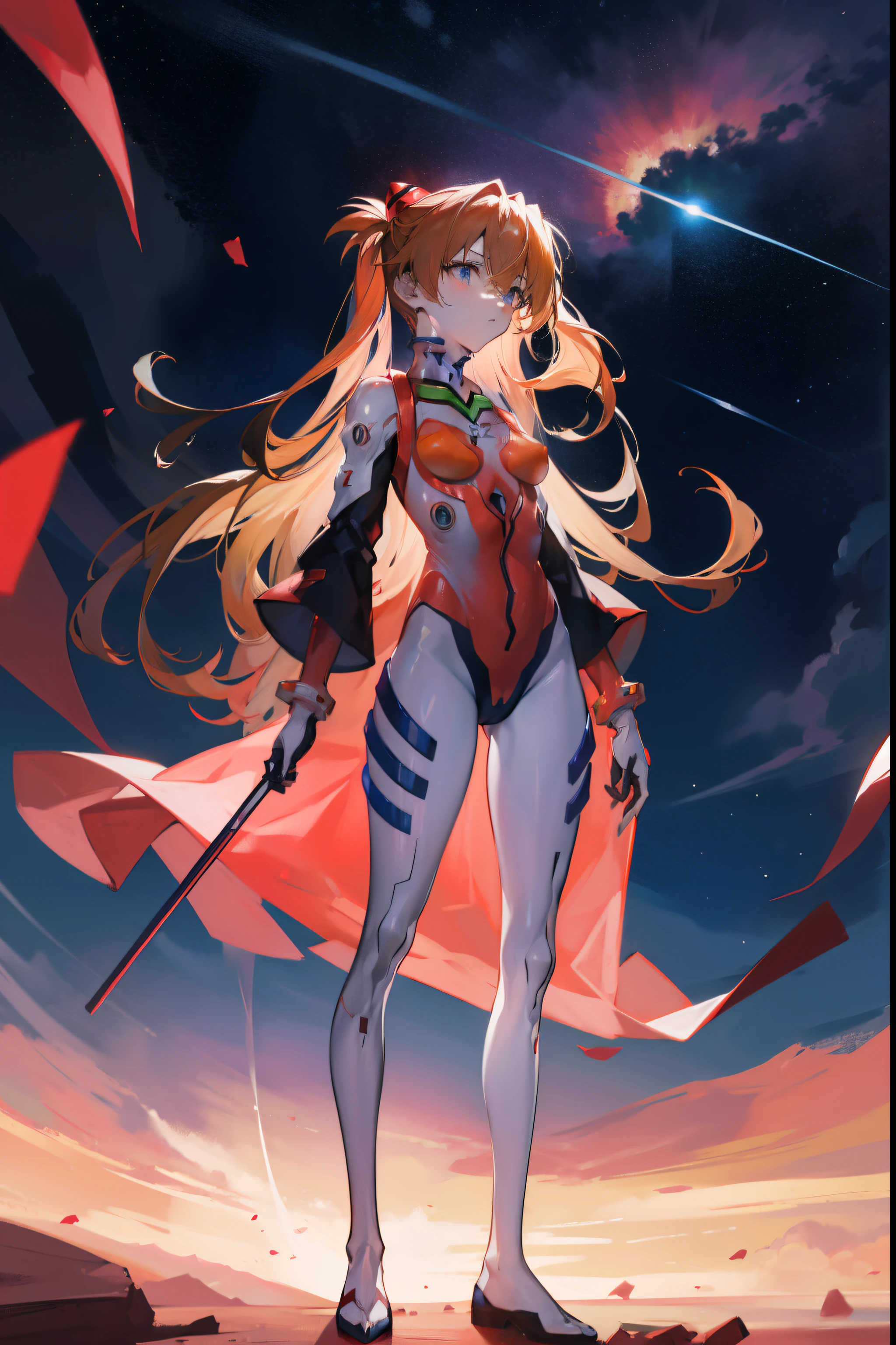 Asuka Langley Soryu standing under a beautiful night sky with many stars, high resolution, 8k