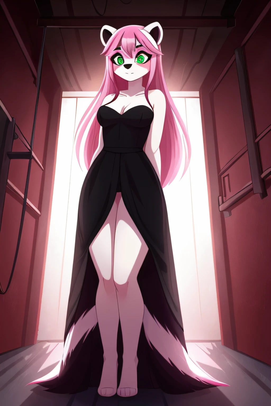 uploaded on e621, 1girl, (furry:1.4), very long hair, yandere, (hypnotized eyes), long black dress, ((european badger)), tall and curvy, absurdres, standing in basement, (pink hair with white streaks), green eyes, medium breasts