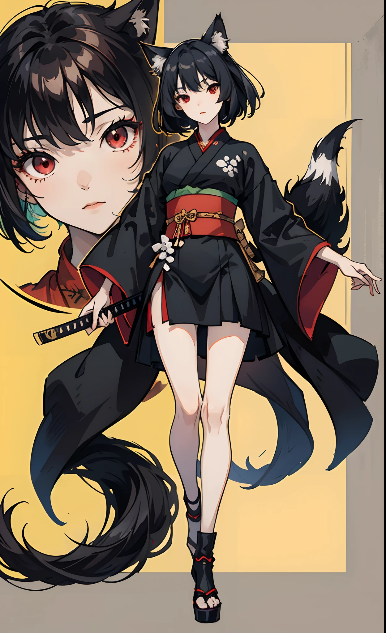 anime female fullbody, teen, black fox, black hair, red eyes, nine tail, modern hanfu, black katana