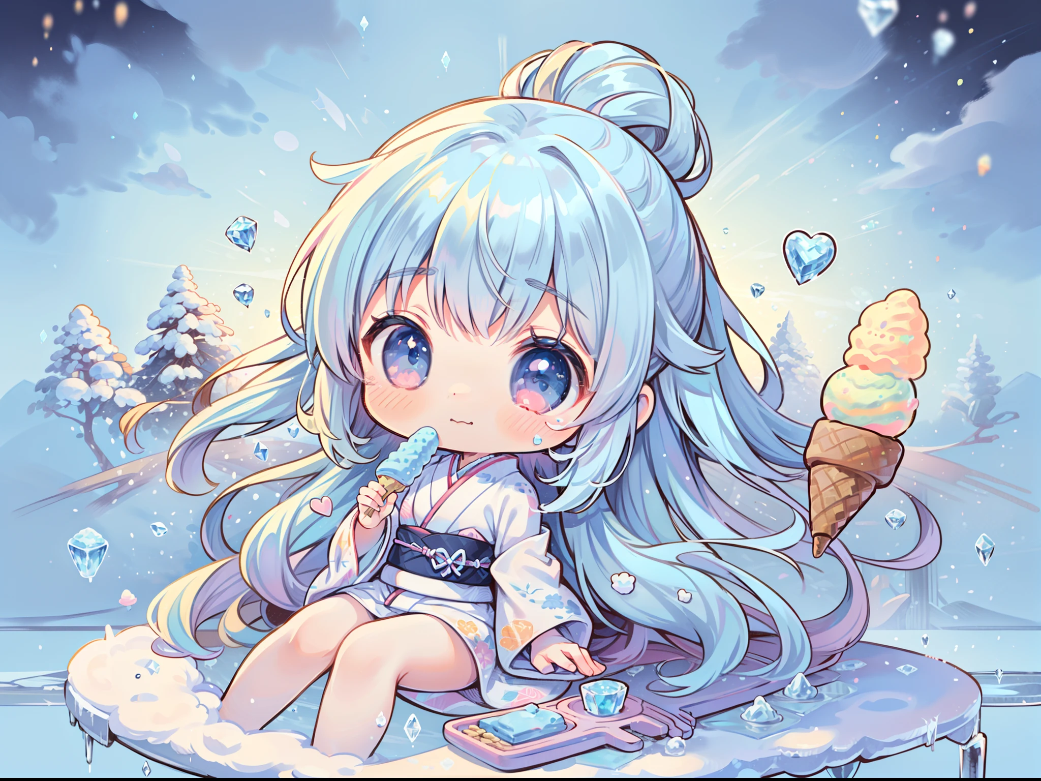 (masterpiece),(best quality),(floating),(high resolution),(dynamic angle),(beautiful Japanese woman),yuki-onna (spirit in Japanese folklore); snow woman, (white kimono),(Japanese clothing),(light blue hair),(very long hair topknot),(kawaii, Cute, Tiny, chibi:1.3), (floating ice creams:1.4), (snow),(ice),(W-sitting),(embarrassed),(heart eyes), (hand between legs),  PsyAI