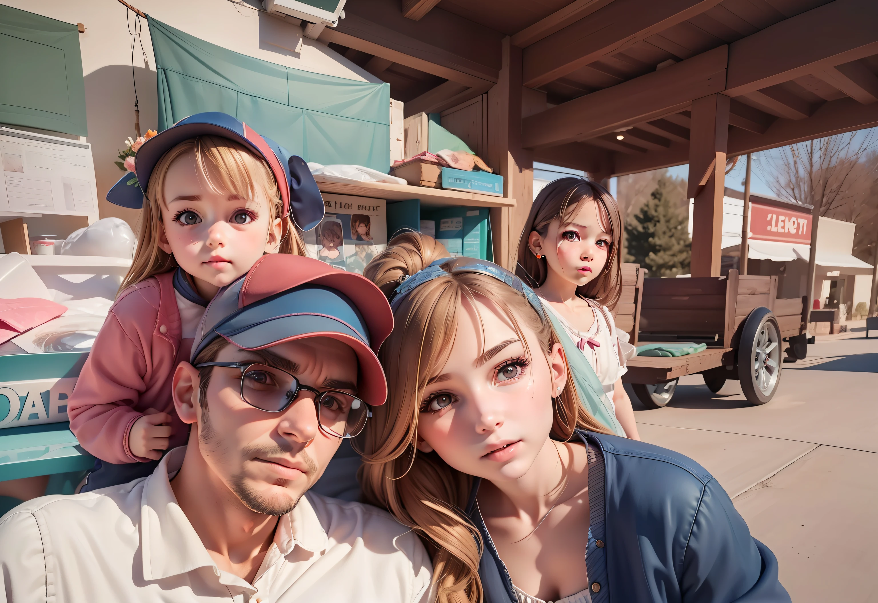 {{superlative, masterpiece:1.3), (8k, photorealistic, RAW photo, best quality: 1.4), (1girl), beautiful face, (realistic face), (very detailed), (best illustration), (best quality), (super detailed), mother and father in front , and 2 kids ,boys and girls on back