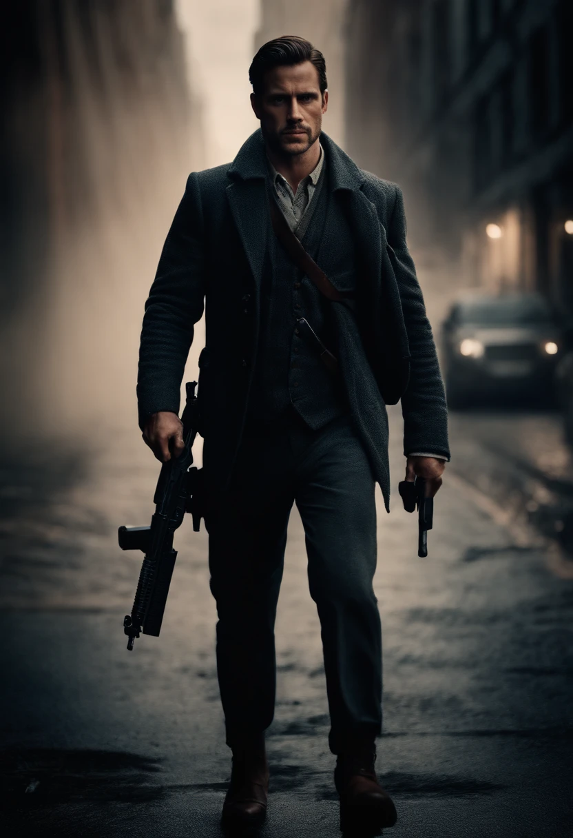 Portrait of a male protagonist carrying a gun