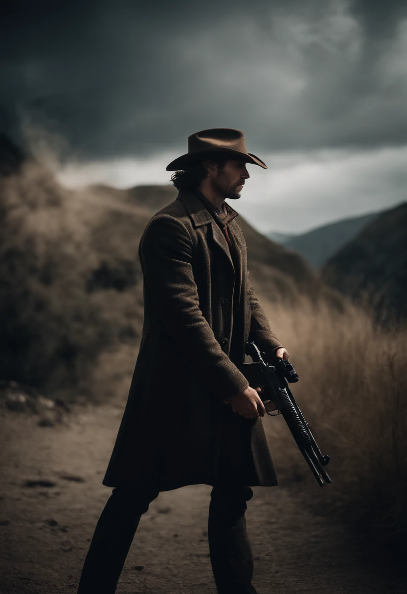 Portrait of a male protagonist carrying a gun