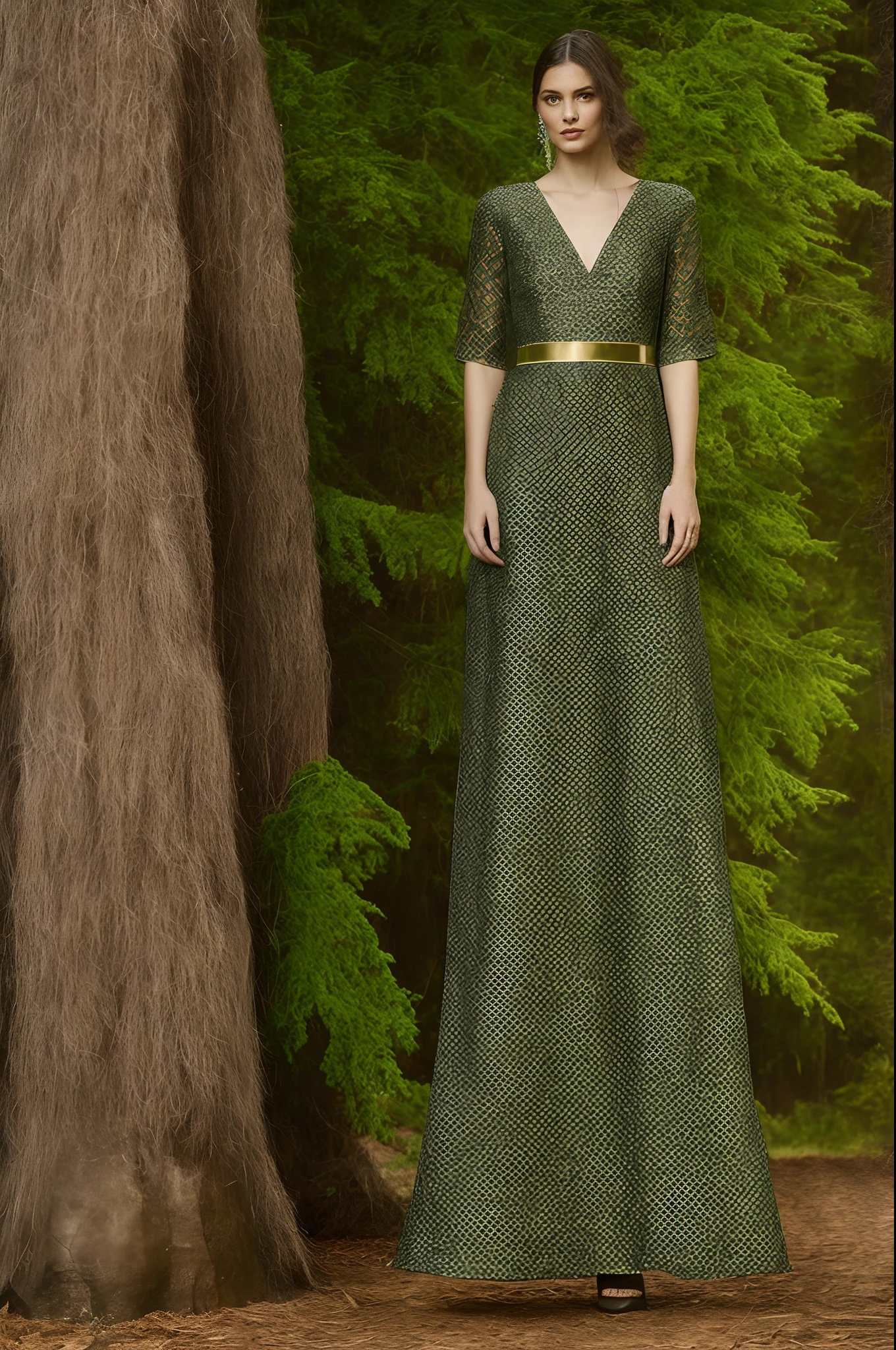 A long dress , bosom and skirt , green and gold , inspired by palm tree textures
