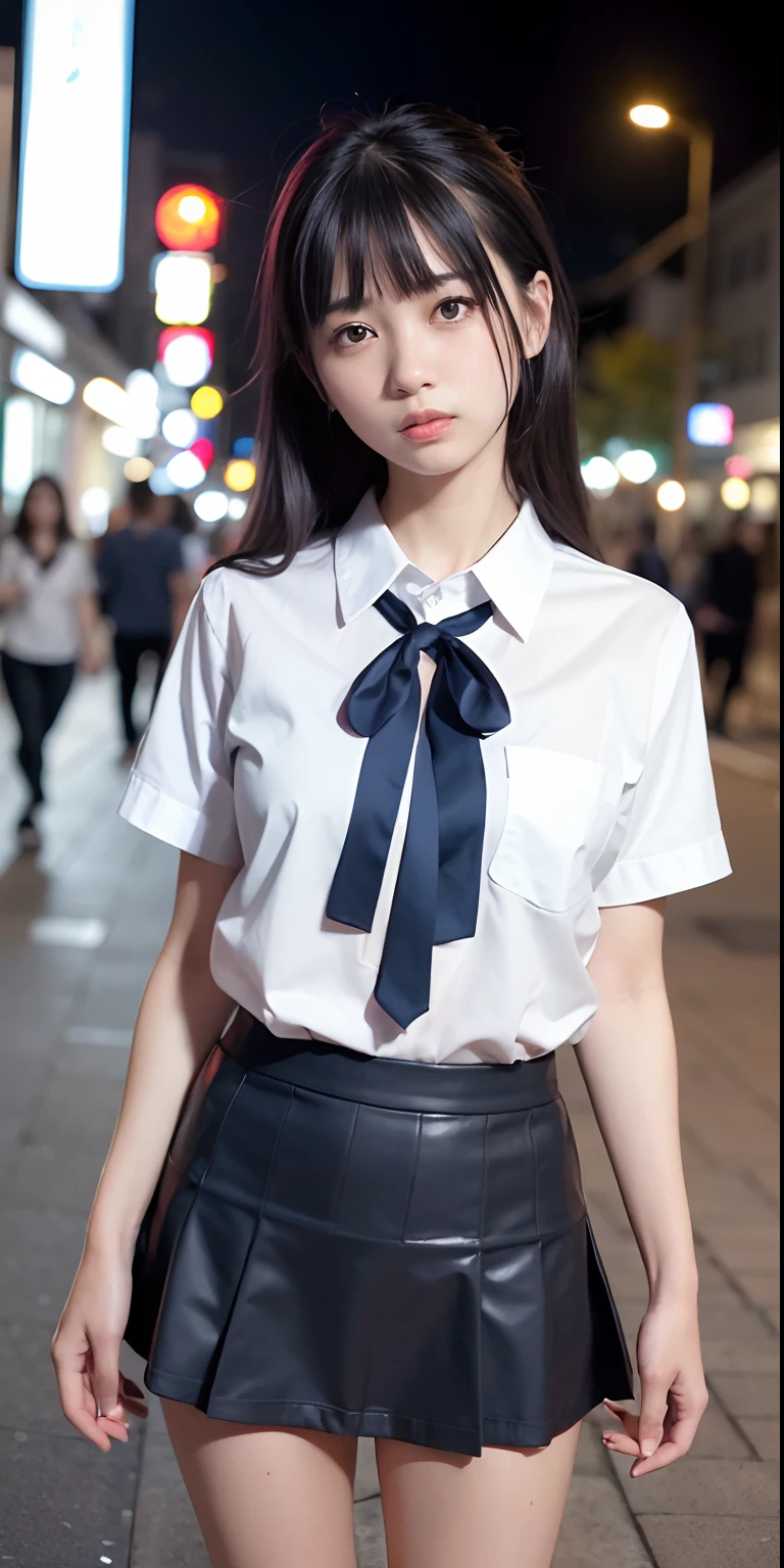 (8K, Raw photo, Best Quality, masutepiece:1.3),(Realistic,Photorealsitic:1.37),(Night),(Looking at Viewer:1.331),(Black hair),Posing,on tokyo street,night cityscape, Cyberpunk City,Soft light,1girl in,Extremely beautiful face,Bust,put down hands,Random hairstyle,Random expression,Big eyes, ,lower abdom,(Short Sleeve AJC_Shirt),nffsw_Style,(Dark blue ajc_Skirt) ,(Bow Ticker_tie),mix4