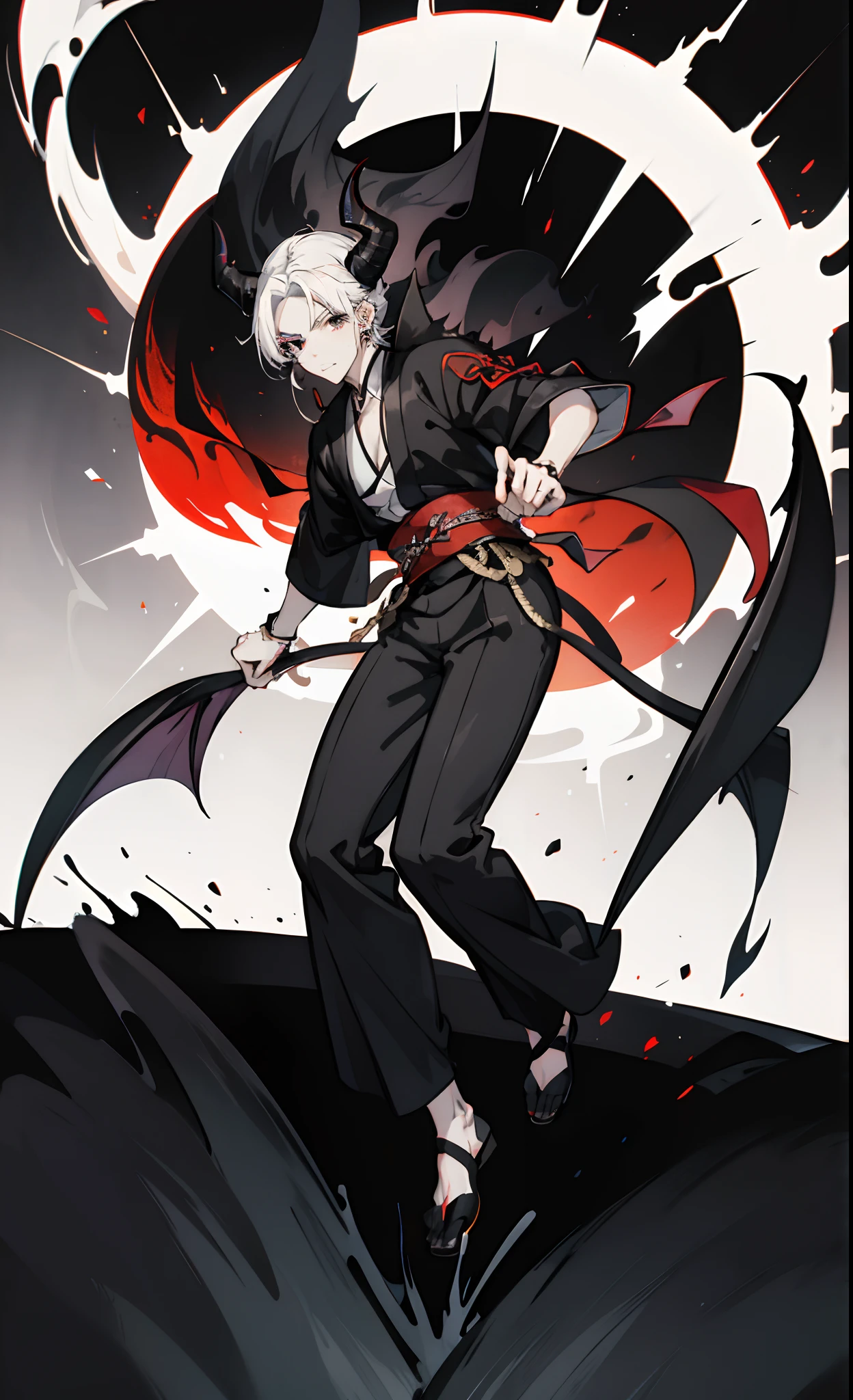 anime male fullbody, , demon, white hair, black eyes, modern hanfu, black fire, horn