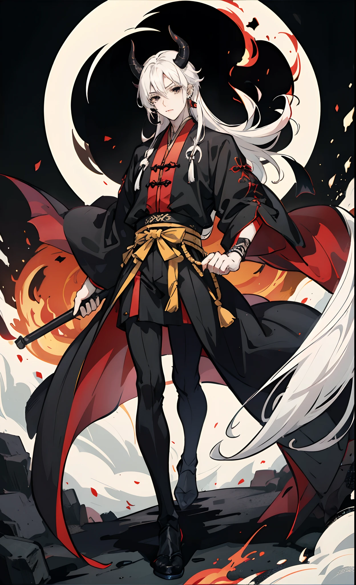 anime male fullbody, teen, demon, white hair, black eyes, modern hanfu, black fire, horn