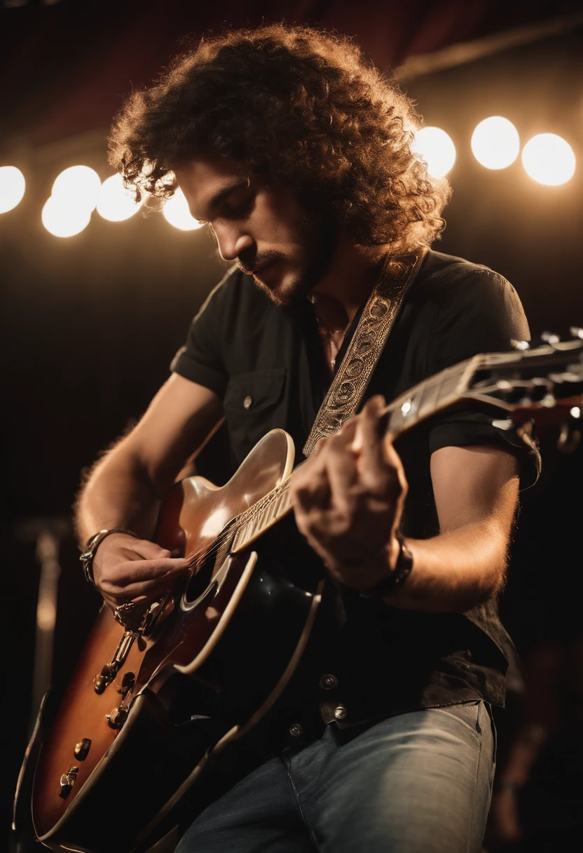highres,ultra-detailed,portrait,man,guitar,metallic strings,calloused fingers,dynamic posture,music enthusiast,vintage amplifier,euphoric expression,vibrant colors,soulful performance,stage lights,passionate artist,electric guitar solo,rock concert atmosphere,blazing energy,compelling emotion,stylish outfit,eclectic hairstyle,stage presence,piercing eyes,hipstery vibe,hype of the crowd,roaring applause,artistic background,guitar pick flying,rockstar attitude,melody in the air,musical passion,creative expression,sound waves resonating,amplified sound,harmonious melodies,fingerpicking technique,guitarist's paradise,enchanting tunes,headbanging rhythm,synchronized movements