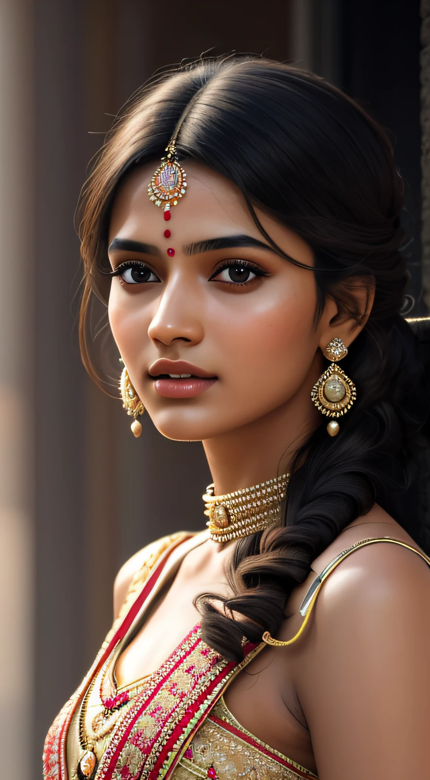 young Indian girl, 18-year-old, traditional dress, gentle sun lighting on face , intricate facial details, flawless complexion, top-notch 3D rendering, hyper-realistic, shot on Indian road. photorealistic digital art trending on Artstation 8k HD high definition detailed realistic, detailed, skin texture, hyper detailed, realistic skin texture, armature, best quality, ultra high res, (photorealistic:1.4),, high resolution, detailed, raw photo, 400 camera f1.6 lens rich colors hyper realistic lifelike texture dramatic lighting unrealengine trending on artstation cinestill 800