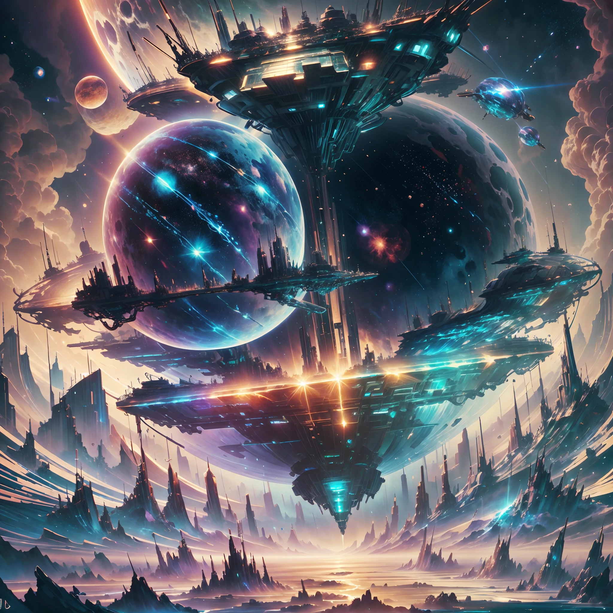 Painting of a space battleship floating in space surrounded by planets, meteor shower, Shining stars々,intergalactic, Space in the background, Fantasy, Highly detailed digital art in 4K, High quality detail art in 8K, in style of cyril rolando, detailed fantasy digital art, epic fantasy science fiction illustration, amazing wallpapers, inspired by Gaston Bussiere --auto --s2