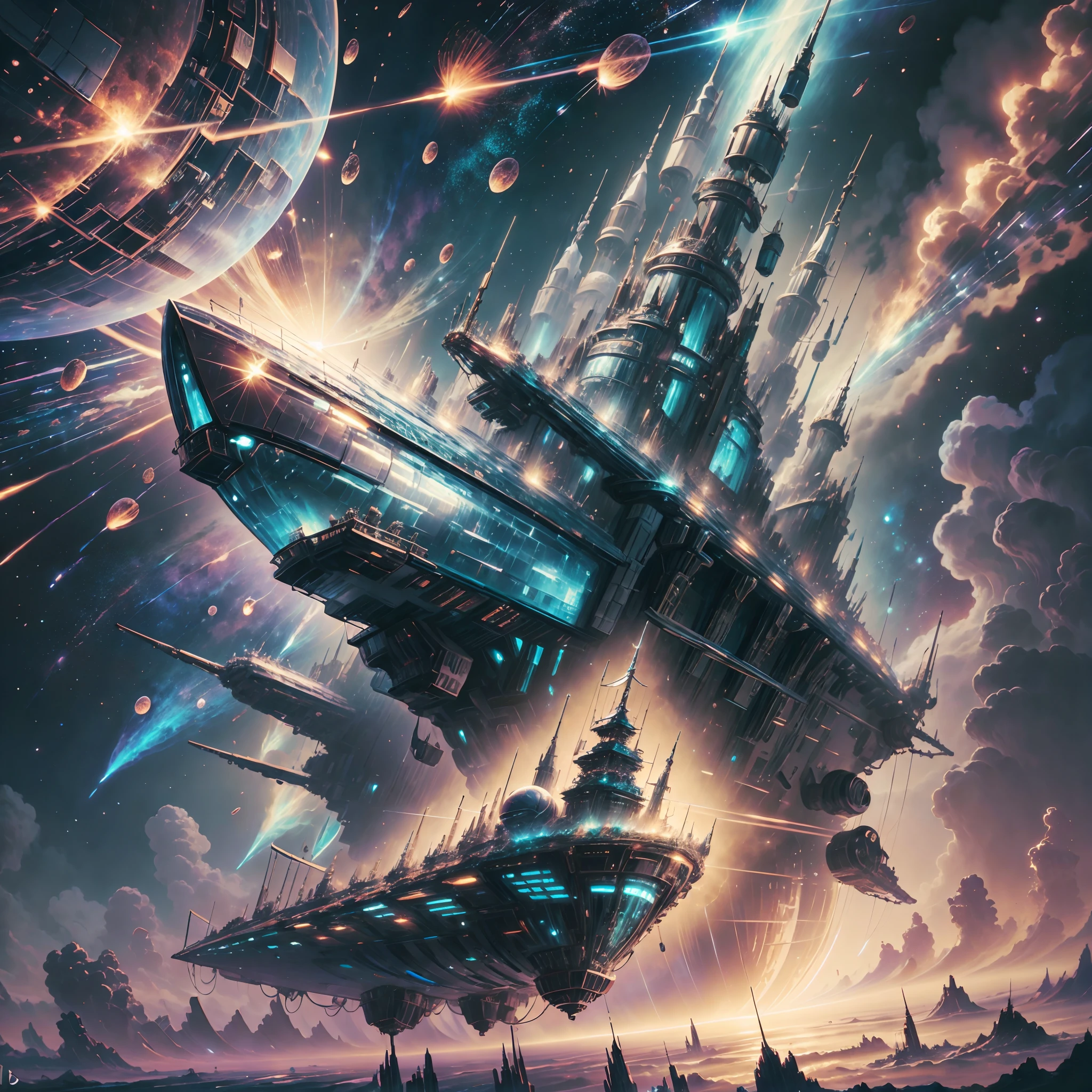 Painting of a space battleship floating in space surrounded by planets, meteor shower, Shining stars々,intergalactic, Space in the background, Fantasy, Highly detailed digital art in 4K, High quality detail art in 8K, in style of cyril rolando, detailed fantasy digital art, epic fantasy science fiction illustration, amazing wallpapers, inspired by Gaston Bussiere --auto --s2