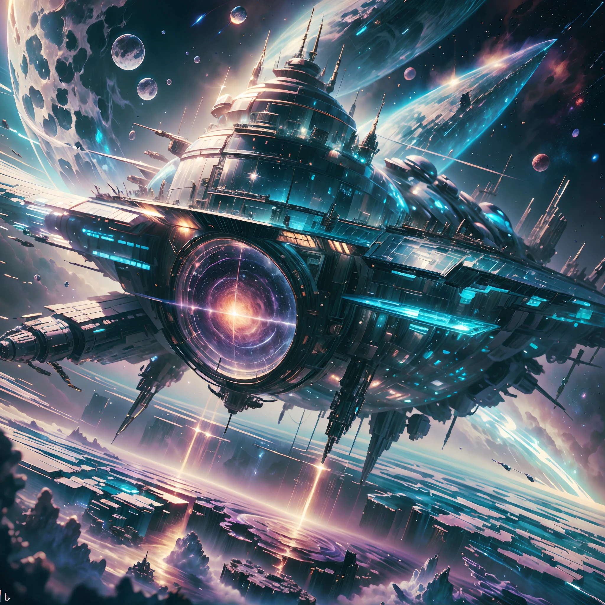 Painting of a space battleship floating in space surrounded by planets, meteor shower, Shining stars々,intergalactic, Space in the background, Fantasy, Highly detailed digital art in 4K, High quality detail art in 8K, in style of cyril rolando, detailed fantasy digital art, epic fantasy science fiction illustration, amazing wallpapers, inspired by Gaston Bussiere --auto --s2