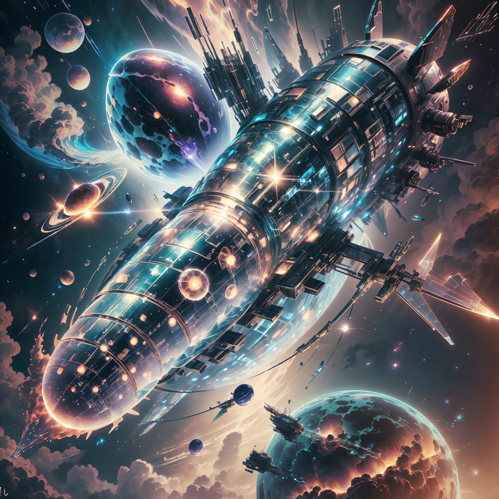 Painting of a space battleship floating in space surrounded by planets, meteor shower, Shining stars々,intergalactic, Space in the background, Fantasy, Highly detailed digital art in 4K, High quality detail art in 8K, in style of cyril rolando, detailed fantasy digital art, epic fantasy science fiction illustration, amazing wallpapers, inspired by Gaston Bussiere --auto --s2