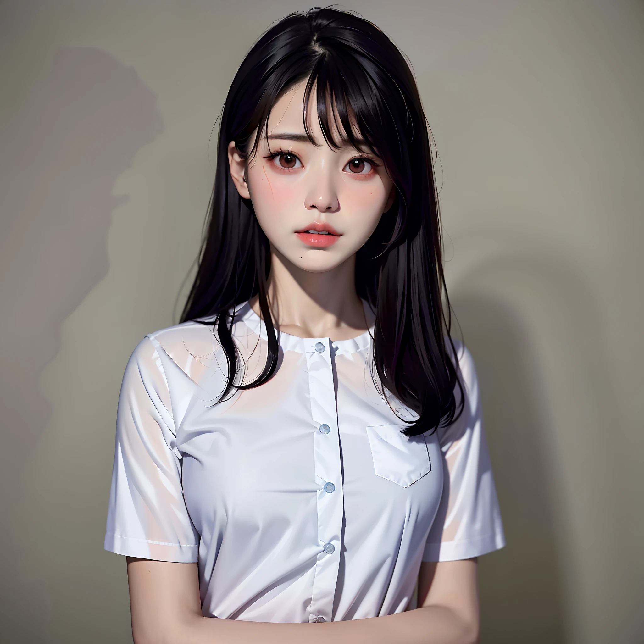 Masterpiece, best quality, (dark photo: 1.3), realistic, 1girl, flat bangs, stunning innocent symmetrical face, shirt, emotional, ulzzang, (PureErosFace_V1: 0.7)