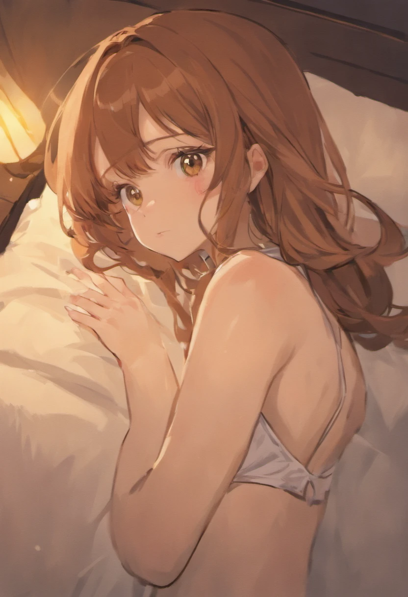 one girl, waist-length chestnut-brown hair with bangs and light brown eyes. Her hair is mostly let down except for a small braid on the right side of her head. She has fair skin and a slim, well-endowed figure with large breasts, high HD quality image, seductive, laying in bed, shy face,